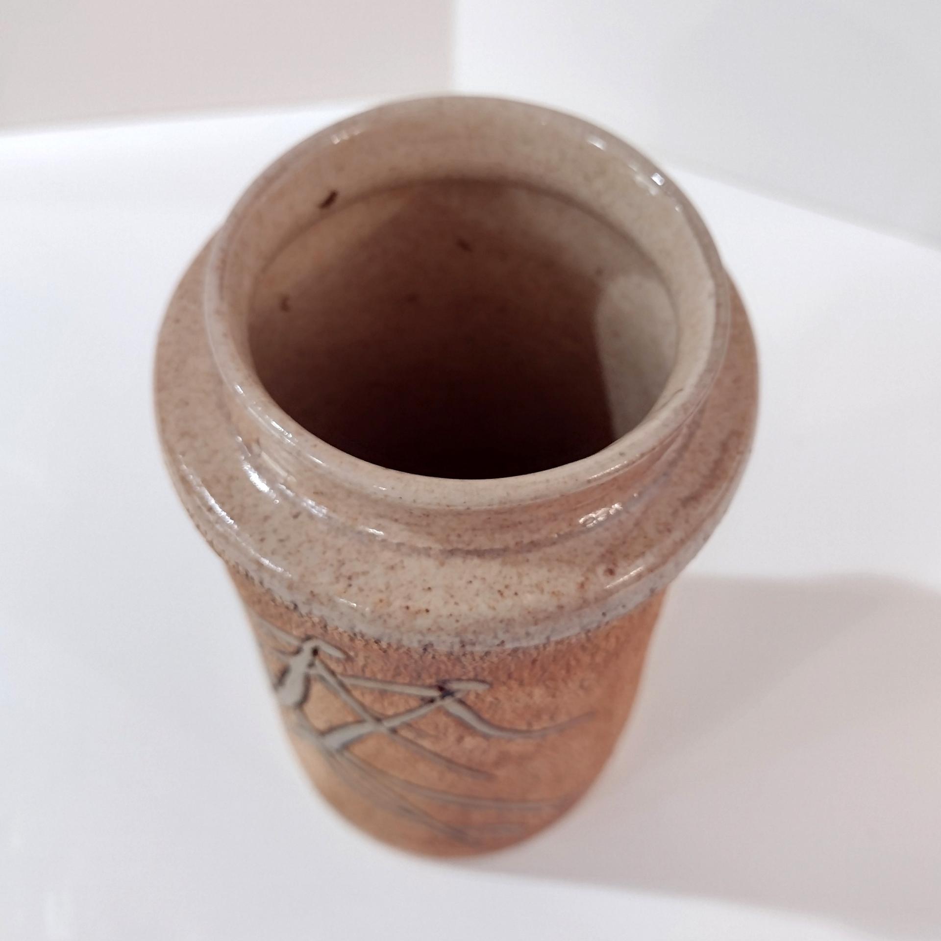 Mitch Lyons Signed Three Figures Ceramic Vase, MCM Rustic Primitive Pottery