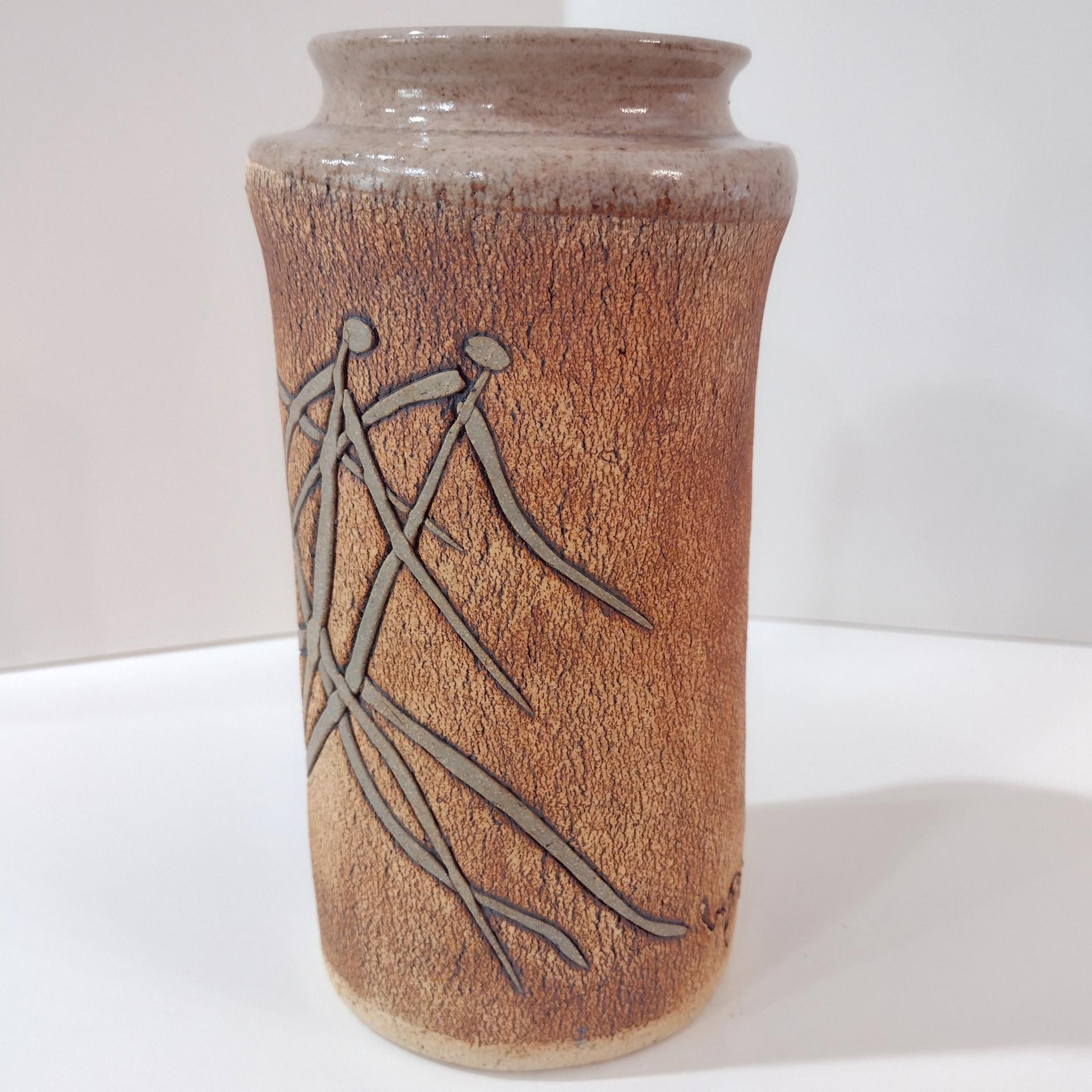 Mitch Lyons Signed Three Figures Ceramic Vase, MCM Rustic Primitive Pottery