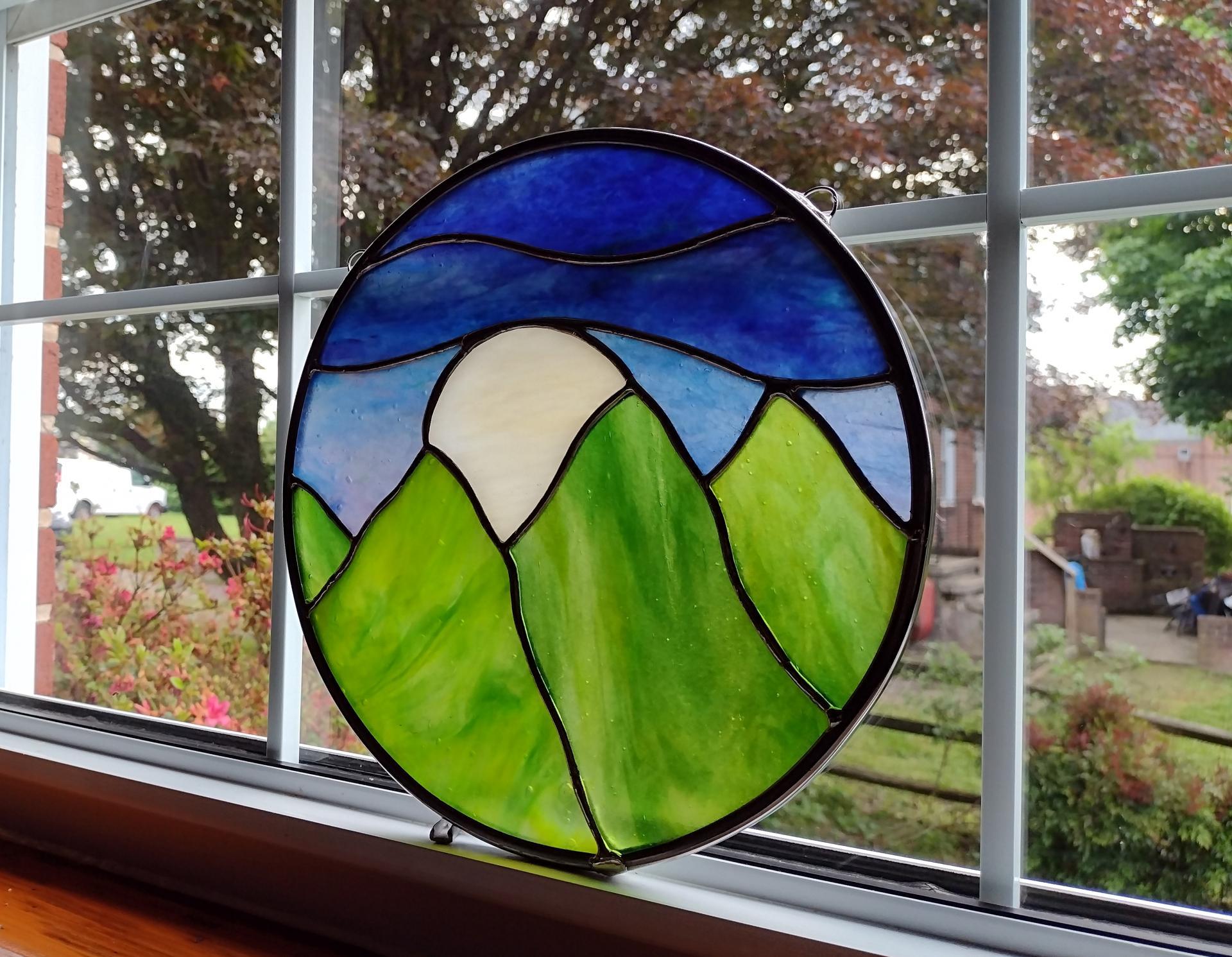 Moonrise over Mountains Round Stained Glass Panel