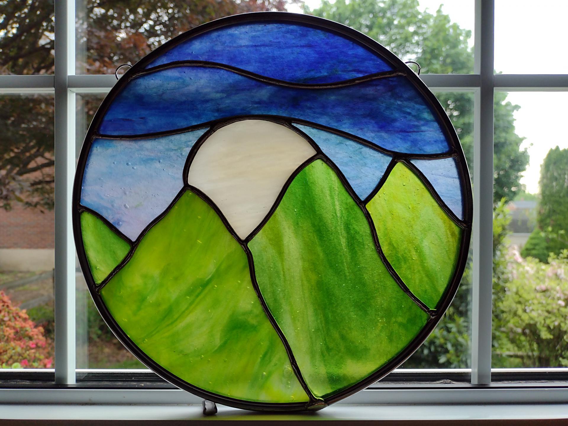 Moonrise over Mountains Round Stained Glass Panel