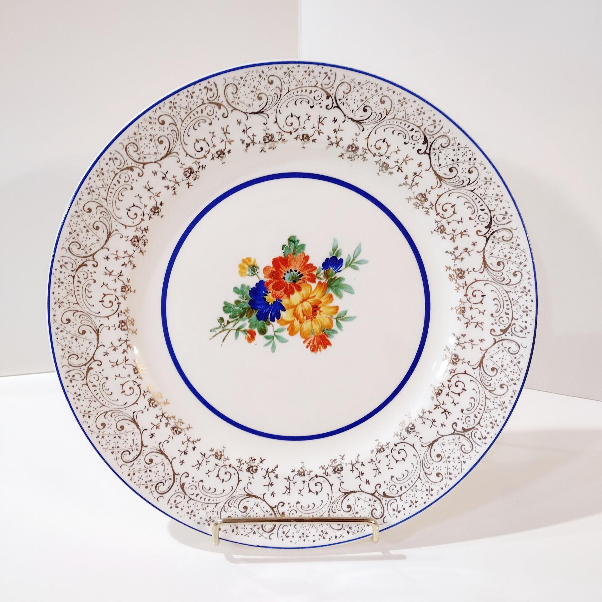 Vintage MACO Floral Ceramic 10 Inch Dinner Plate with 22K Gold Accents