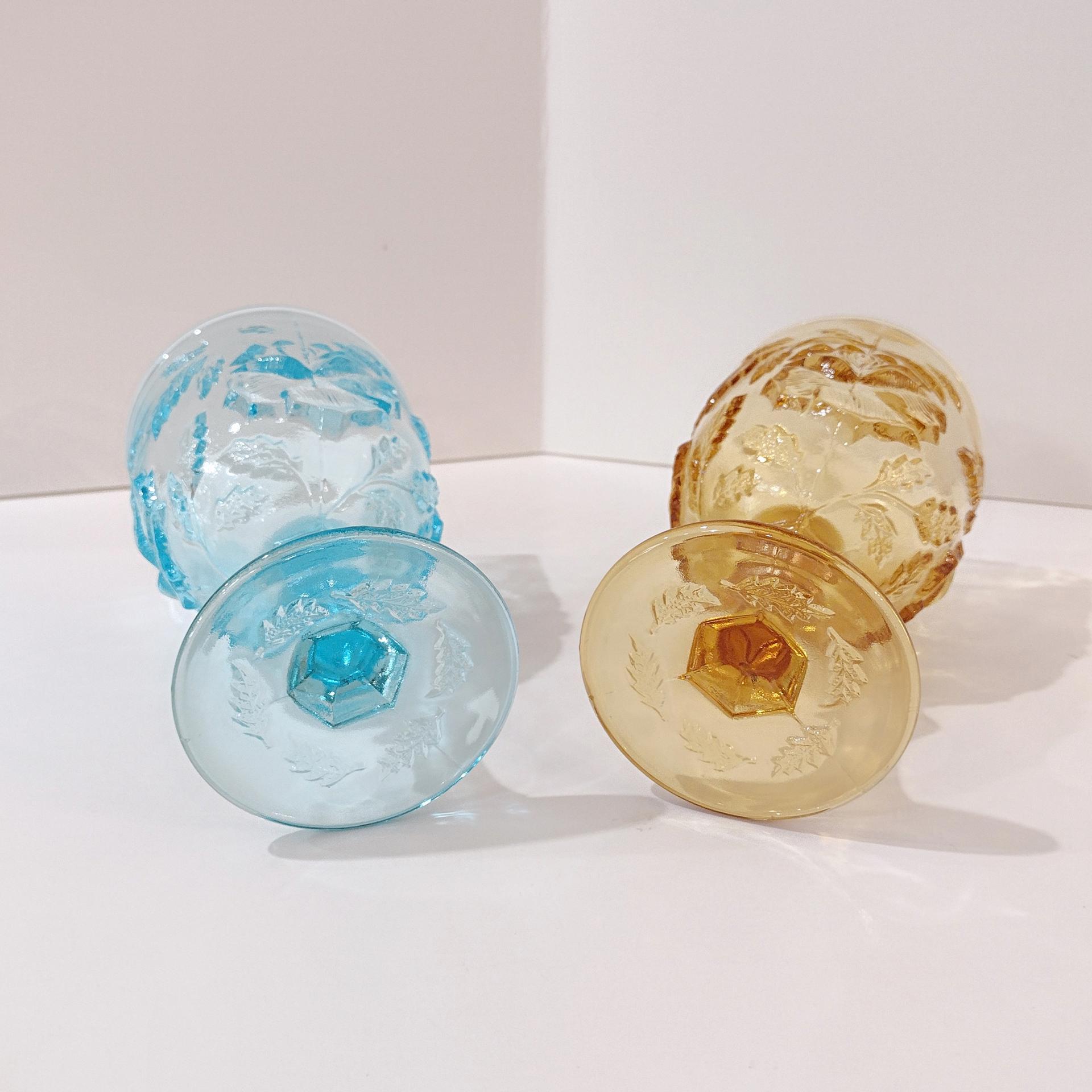 Vintage Wild Rose Madonna Inn Wine Glasses, Set of Two, Amber and Blue Wild Rose Glasses