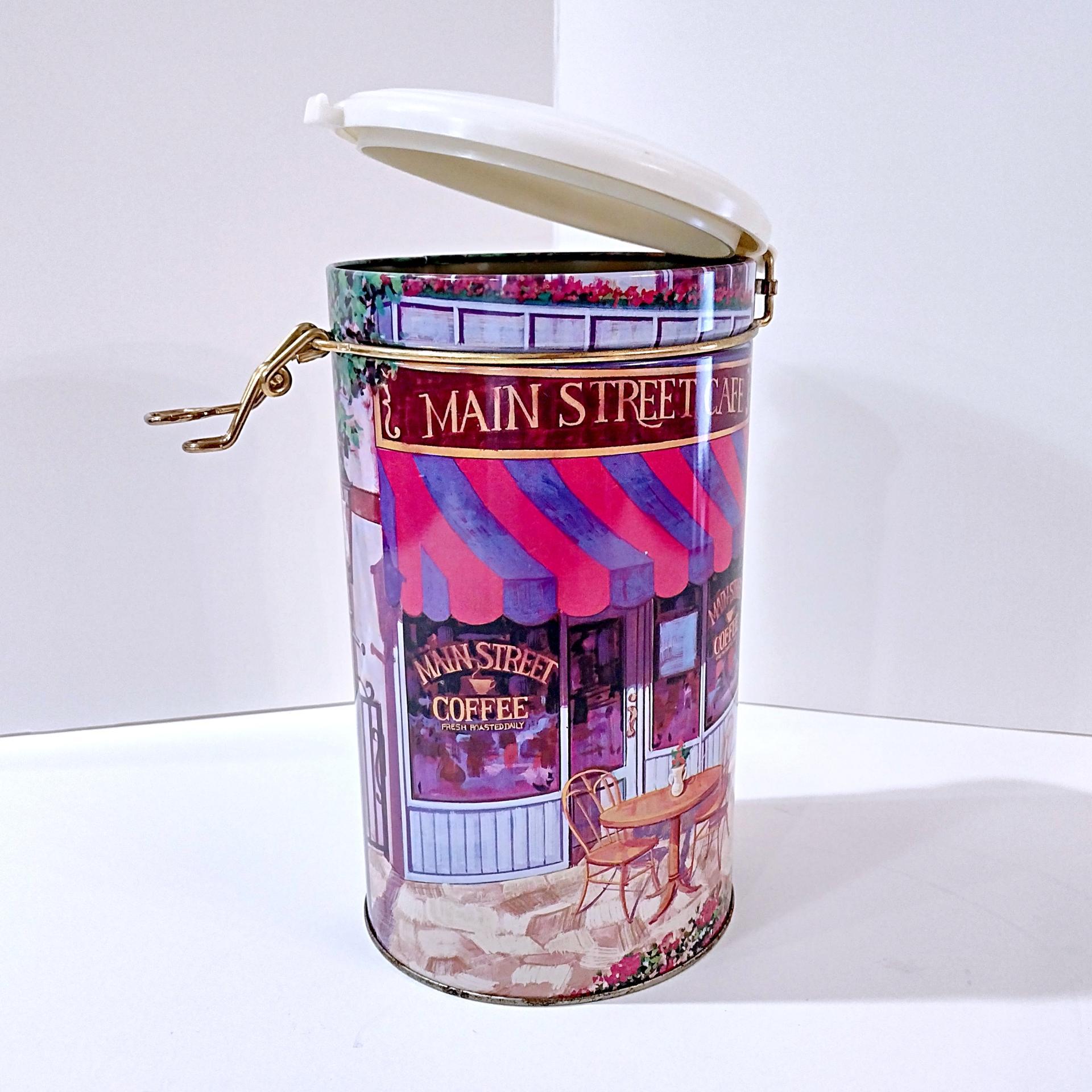 Vintage Main Street Coffee Shop Cylinder Storage Tin with Airtight Clamp Lid, Retro Shop Front Decorative Metal Container