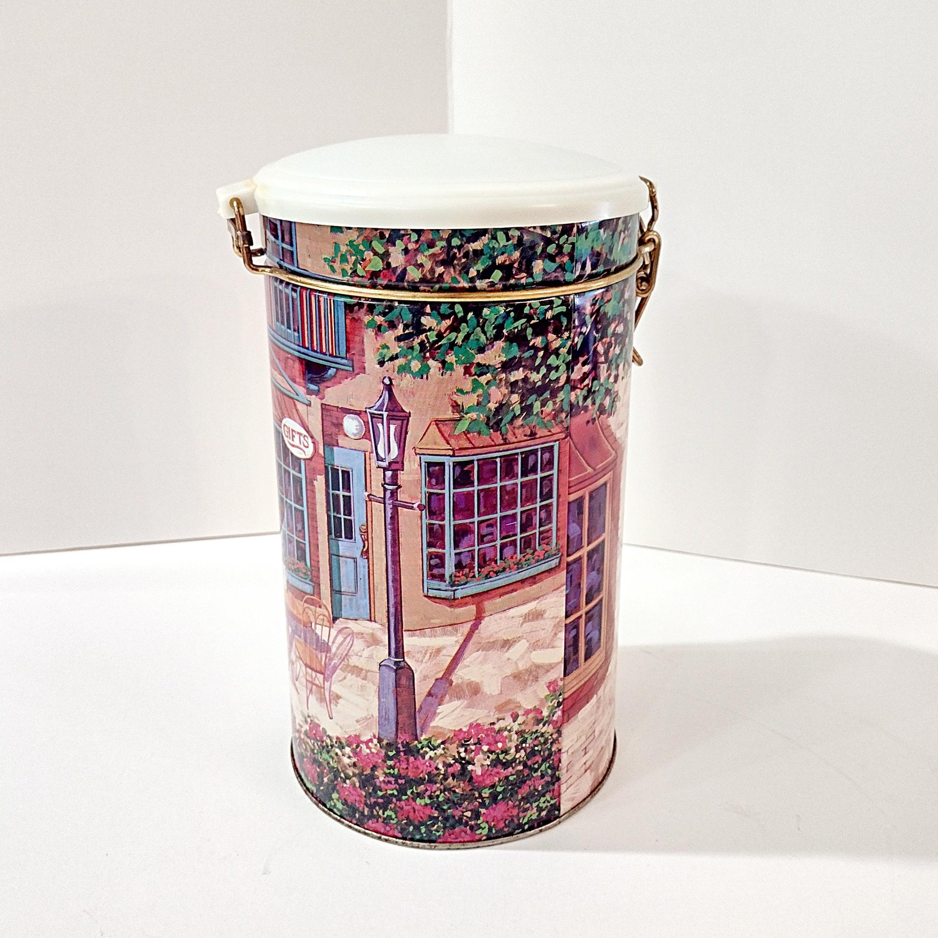 Vintage Main Street Coffee Shop Cylinder Storage Tin with Airtight Clamp Lid, Retro Shop Front Decorative Metal Container