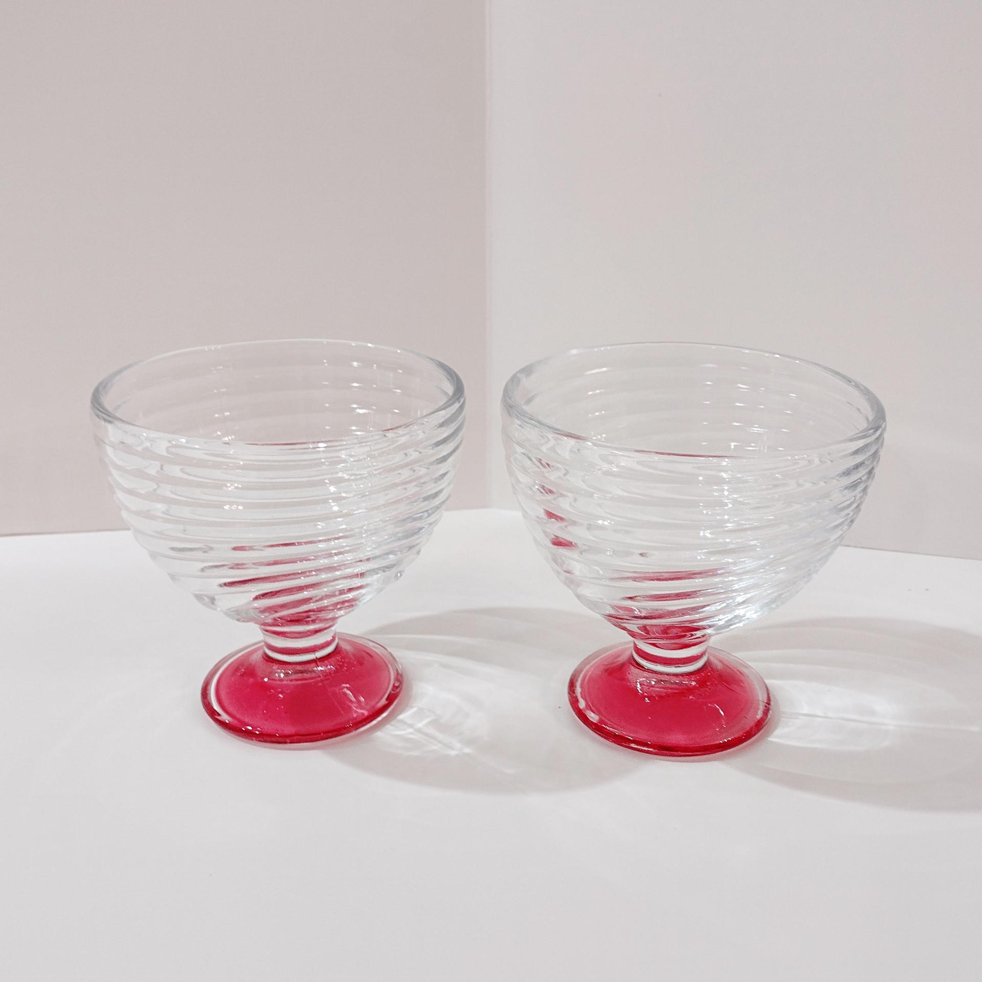 Vintage Pink Swirl Glass Footed Dessert Coupes, Set of Two, Swirled Glass Compotes, Sherbet Bowls