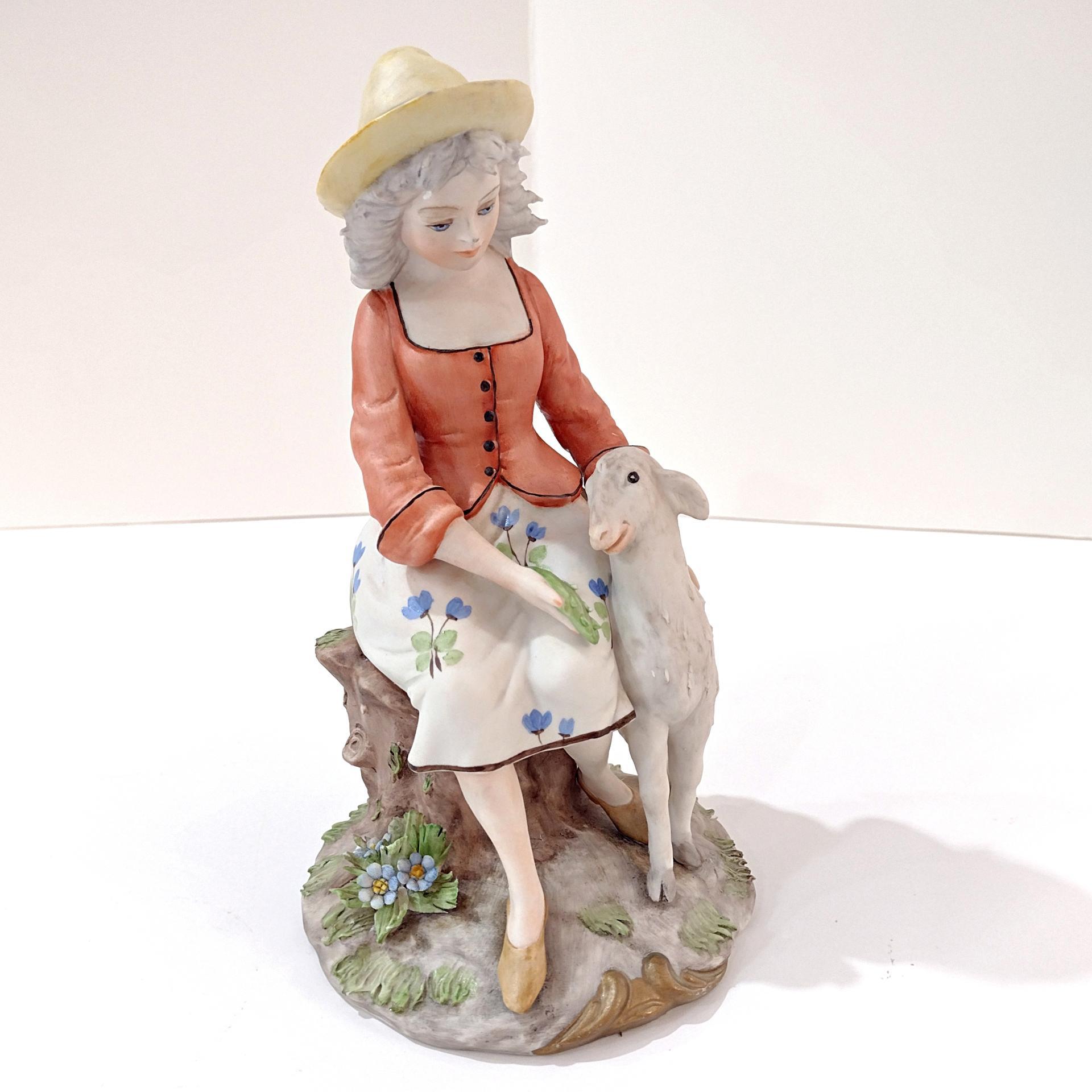 Vintage Girl with Lamb Capodimonte Porcelain Figurine, Signed Gianni Merlo Italian Ceramic Woman Statue, Mary Had a Little Lamb Figure