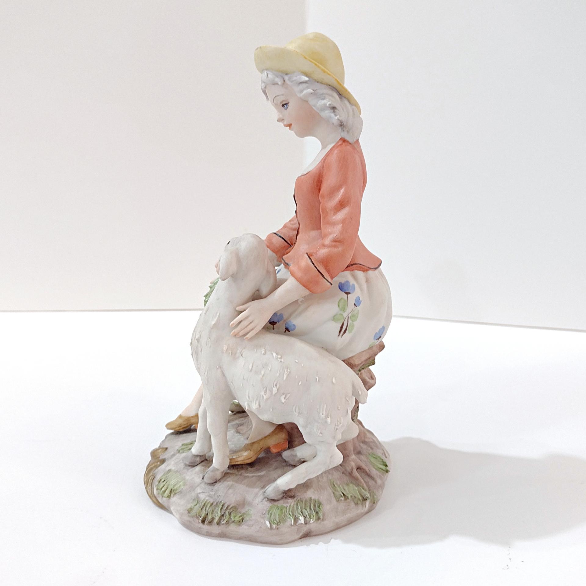 Vintage Girl with Lamb Capodimonte Porcelain Figurine, Signed Gianni Merlo Italian Ceramic Woman Statue, Mary Had a Little Lamb Figure