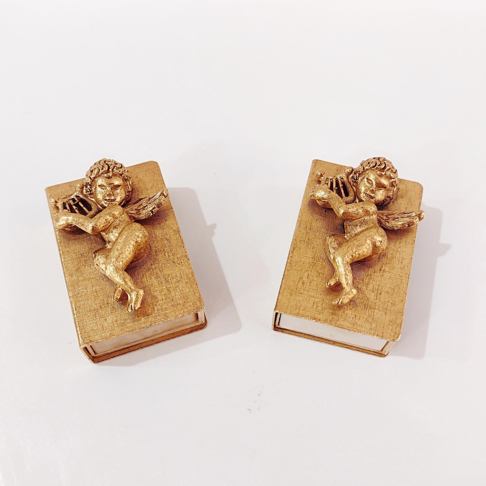 Vintage Cherub Angel with Harp Gold Match Boxes, Set of Two