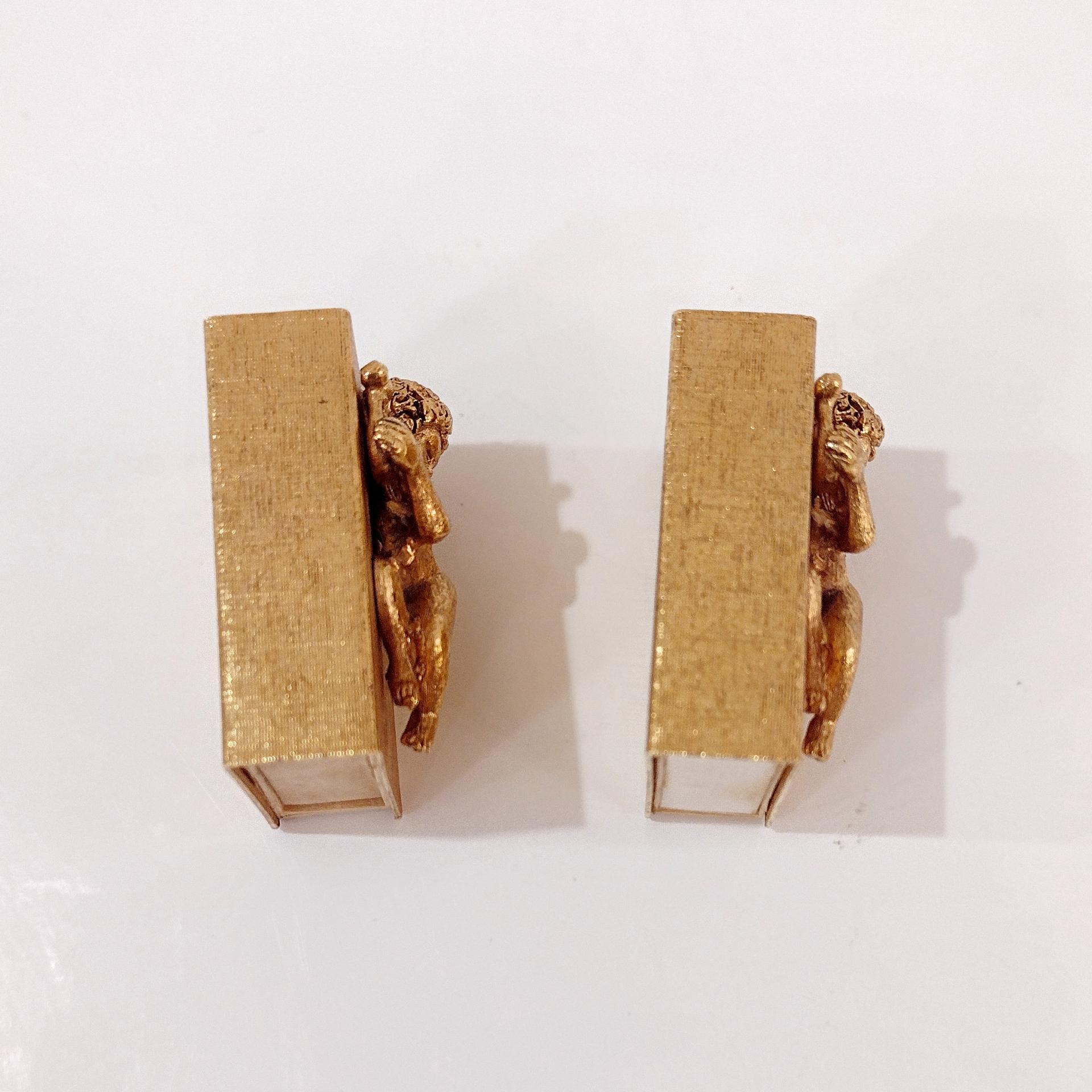 Vintage Cherub Angel with Harp Gold Match Boxes, Set of Two