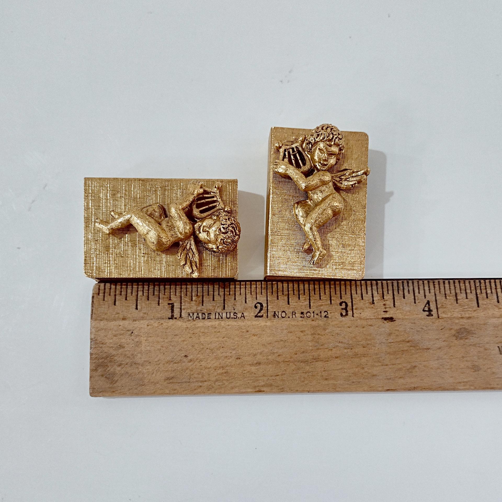 Vintage Cherub Angel with Harp Gold Match Boxes, Set of Two