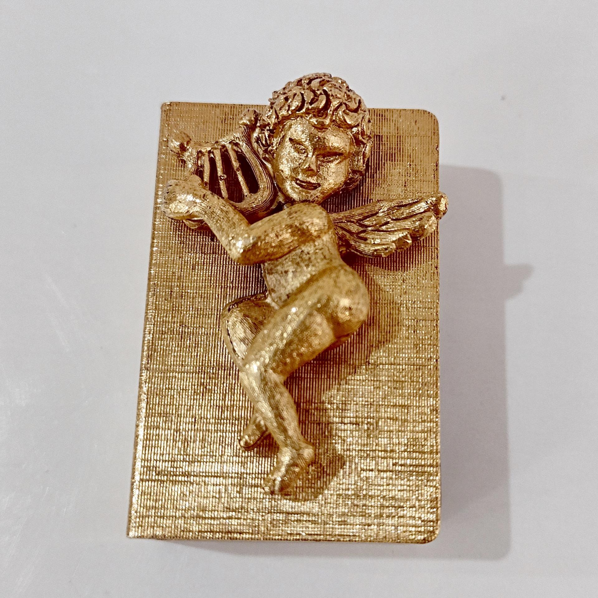 Vintage Cherub Angel with Harp Gold Match Boxes, Set of Two