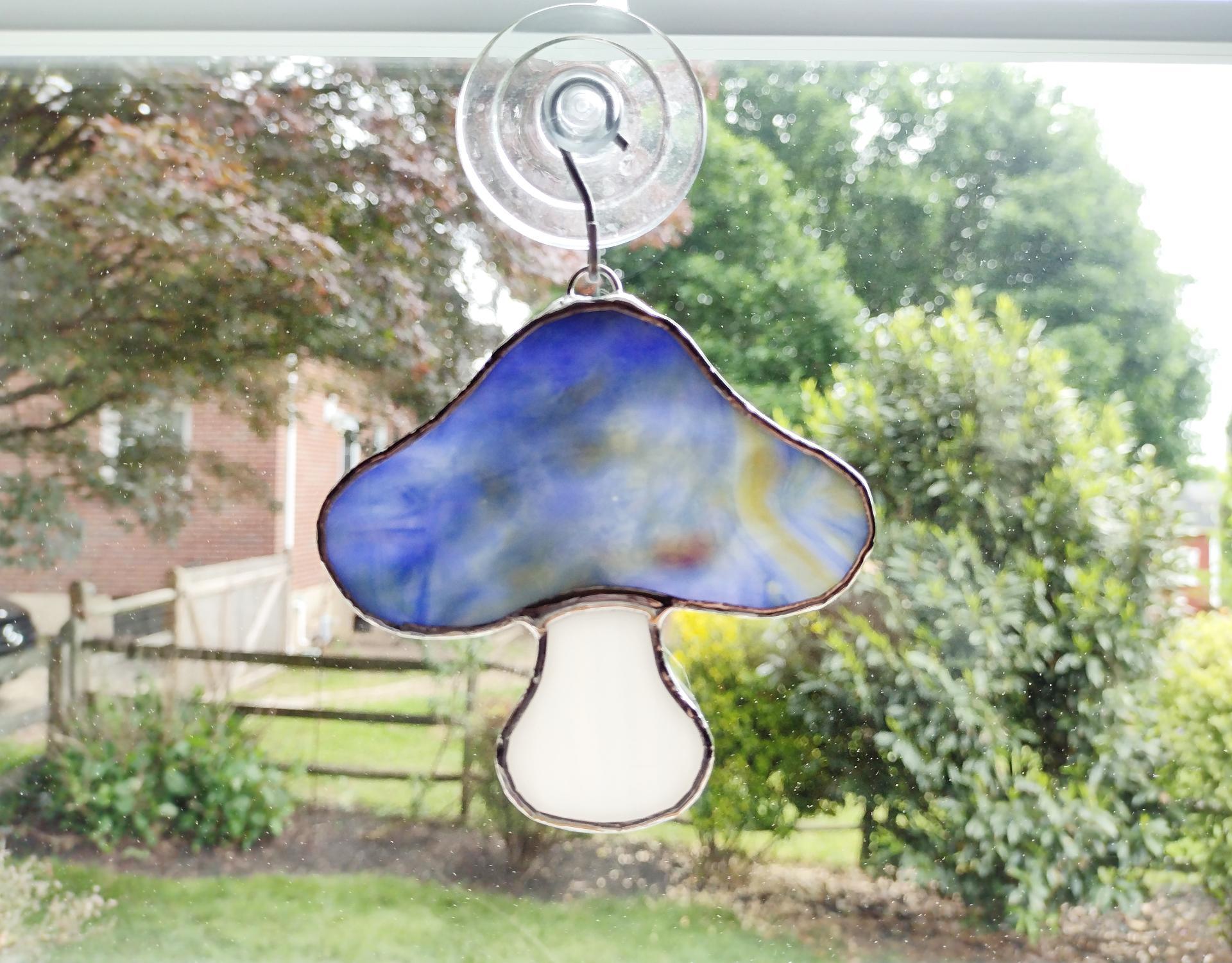 Stained Glass Blue Mushroom Suncatcher