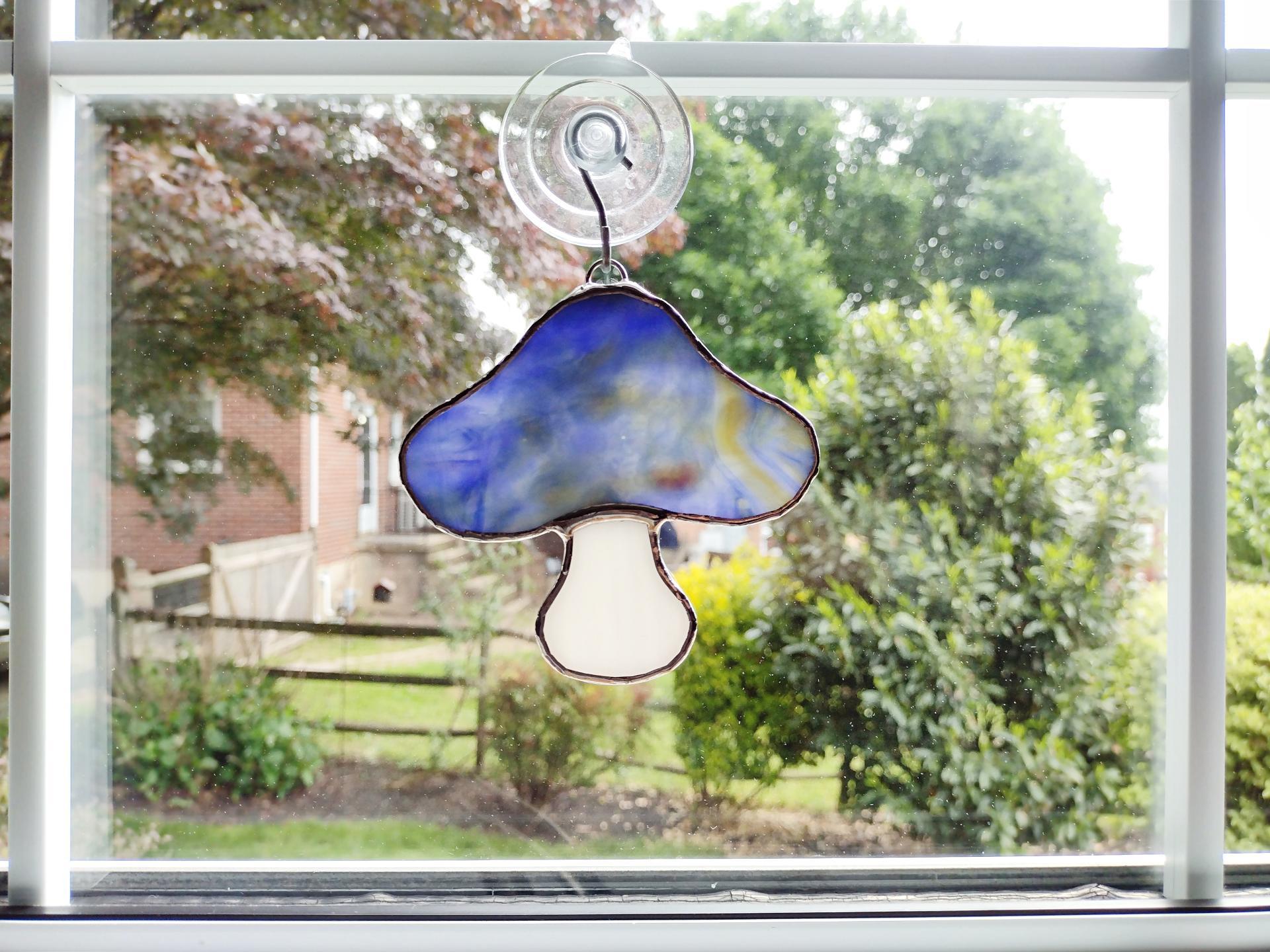 Stained Glass Blue Mushroom Suncatcher