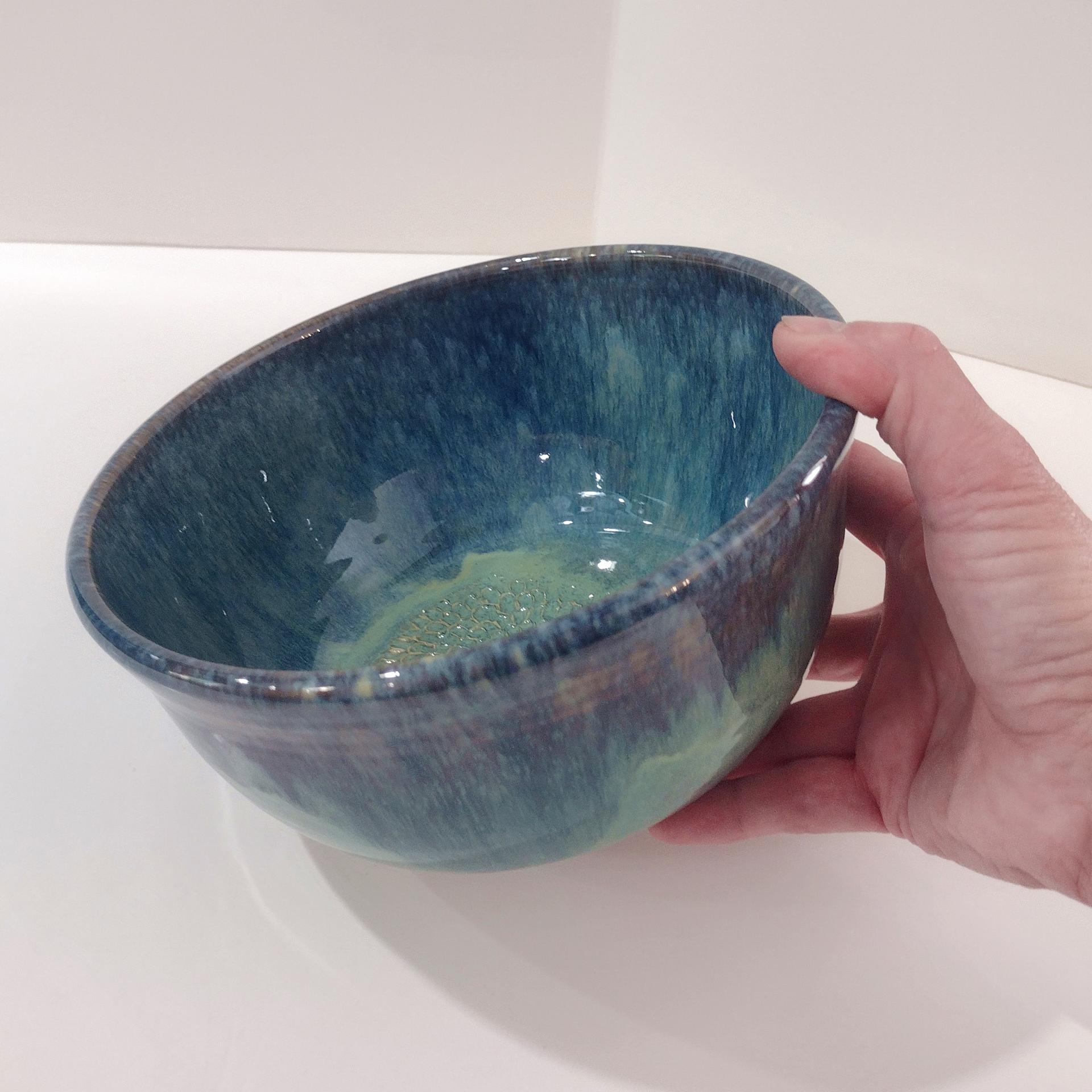 Artisan Blue Green Drip Glaze Ceramic Bowl, Hand Crafted Pottery