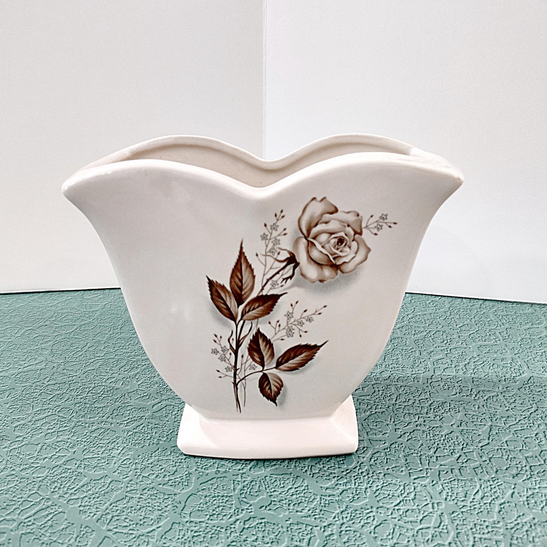 Vintage McCoy Brown Rose Ceramic Heart Double Arch Vase, 1950's Mccoy Pottery