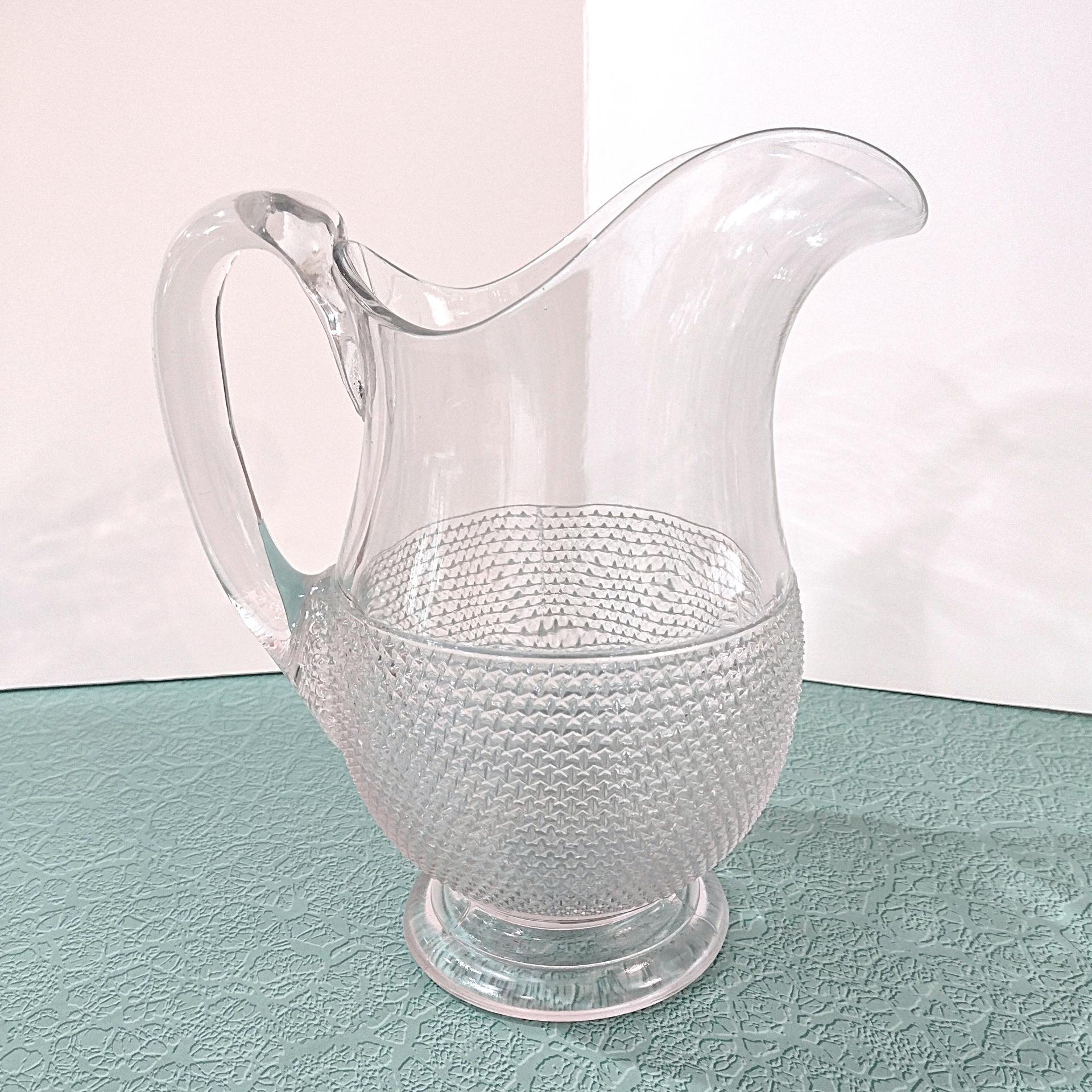 Antique McKee Snowflake Star Rosetted Pressed Glass Pitcher, UV Reactive Manganese Glass, Large Vintage Clear Glass Pitcher