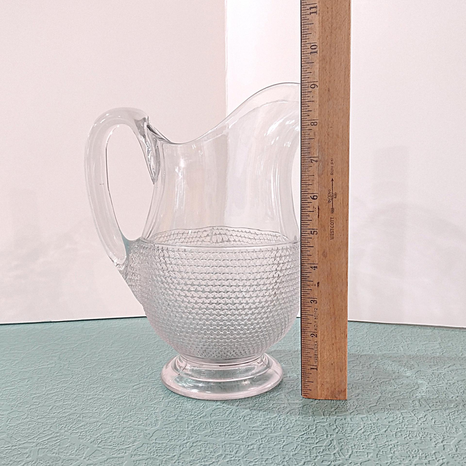 Antique McKee Snowflake Star Rosetted Pressed Glass Pitcher, UV Reactive Manganese Glass, Large Vintage Clear Glass Pitcher