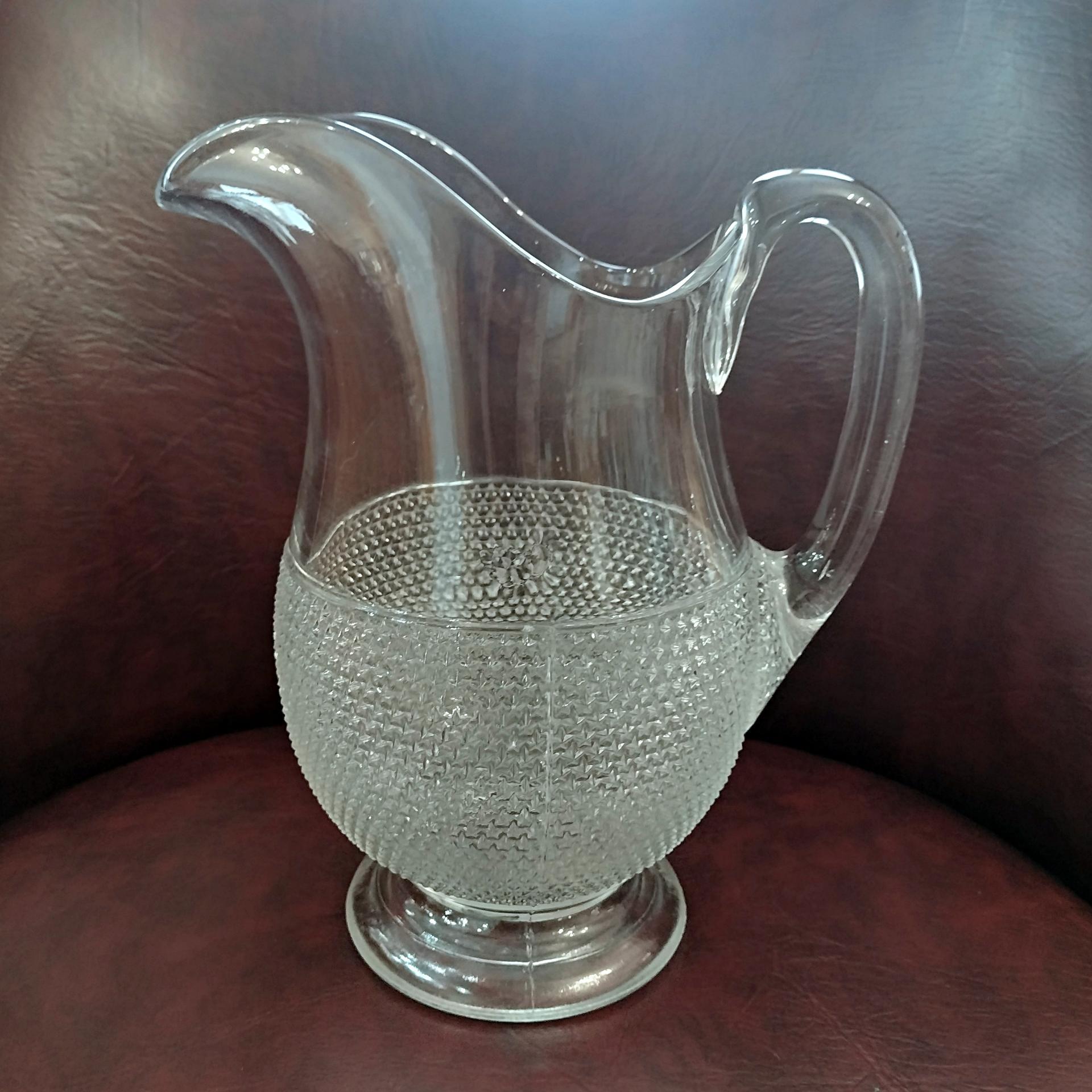 Antique McKee Snowflake Star Rosetted Pressed Glass Pitcher, UV Reactive Manganese Glass, Large Vintage Clear Glass Pitcher