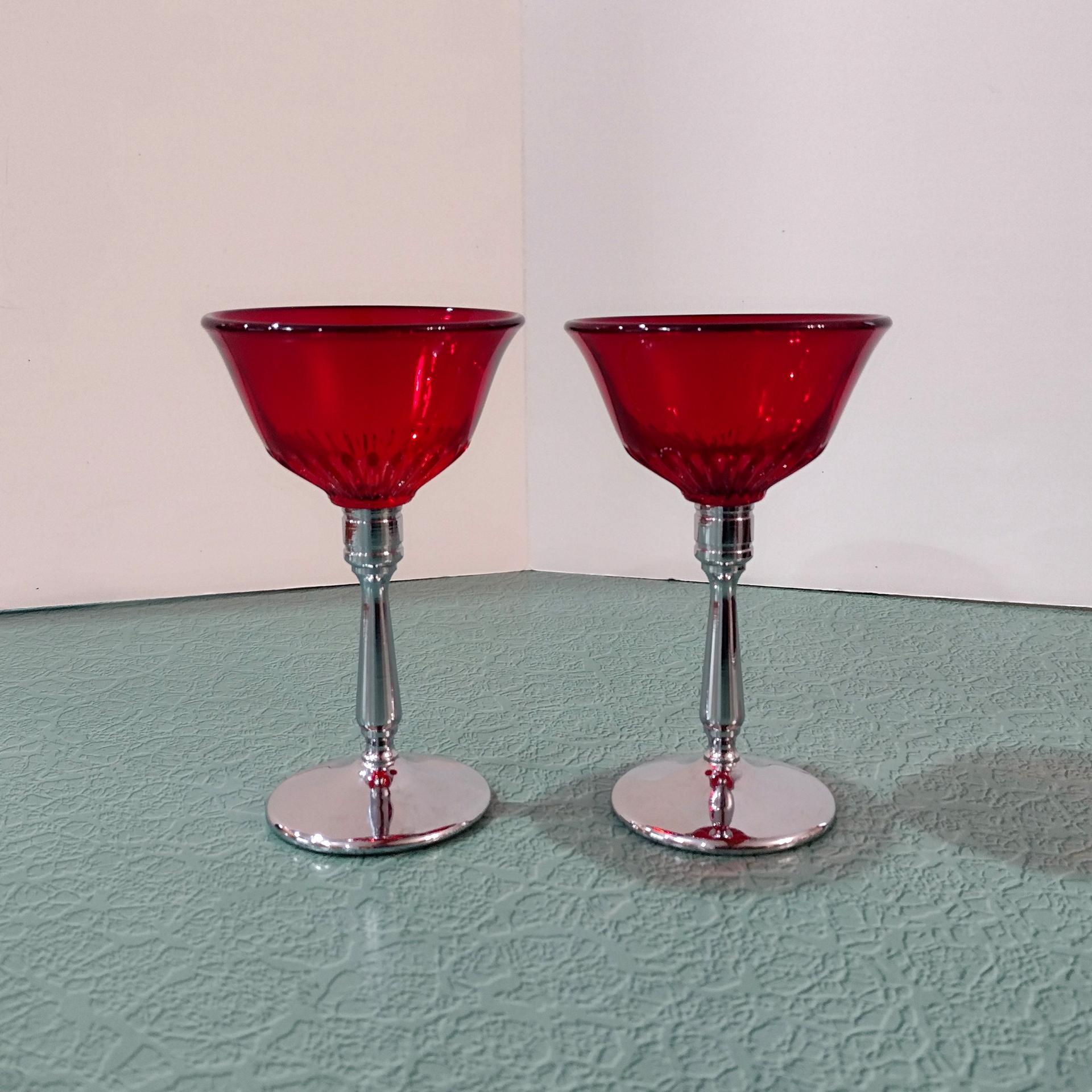 Vintage Paden City Glades Ruby Red Wine Glasses with Chrome Stems, Set of Two