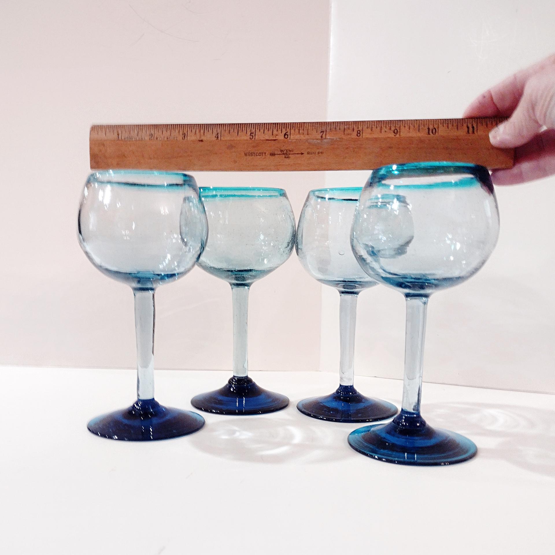 Vintage Mexican Hand Blown Glass Goblets, Set of Four, Aqua Turquoise Blue Large Wine / Margarita Glasses