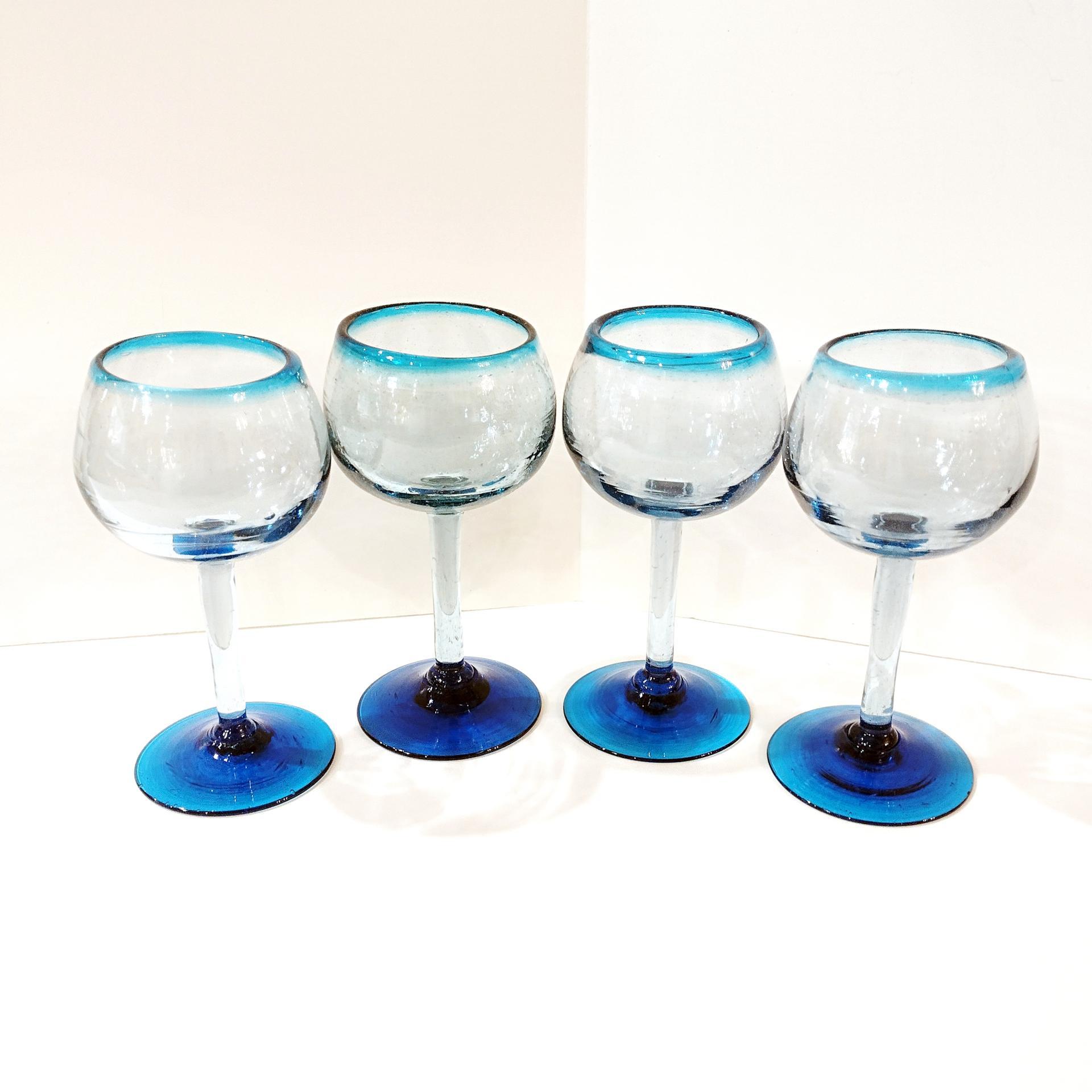 Vintage Mexican Hand Blown Glass Goblets, Set of Four, Aqua Turquoise Blue Large Wine / Margarita Glasses