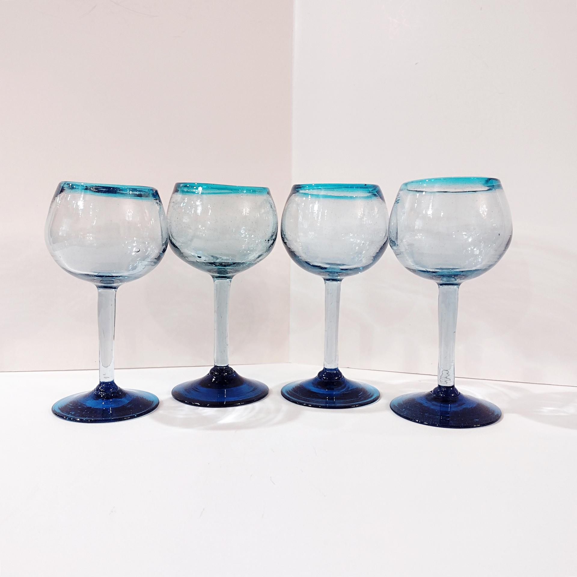 Vintage Mexican Hand Blown Glass Goblets, Set of Four, Aqua Turquoise Blue Large Wine / Margarita Glasses