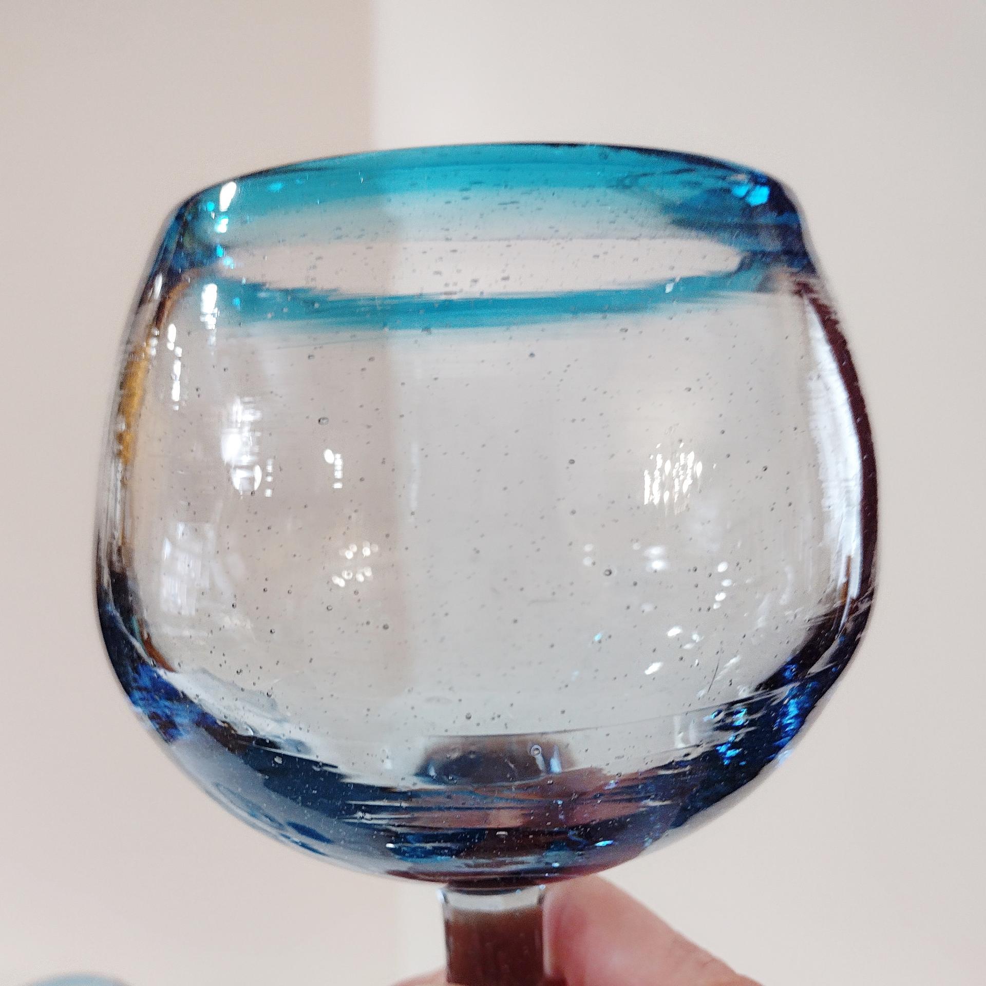 Vintage Mexican Hand Blown Glass Goblets, Set of Four, Aqua Turquoise Blue Large Wine / Margarita Glasses