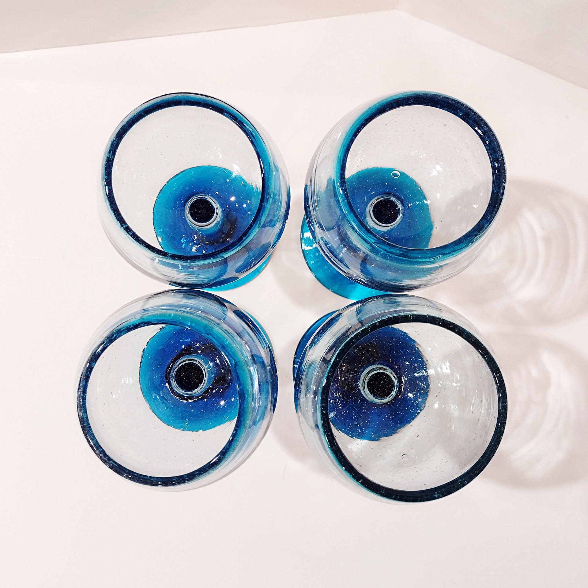 Vintage Mexican Hand Blown Glass Goblets, Set of Four, Aqua Turquoise Blue Large Wine / Margarita Glasses