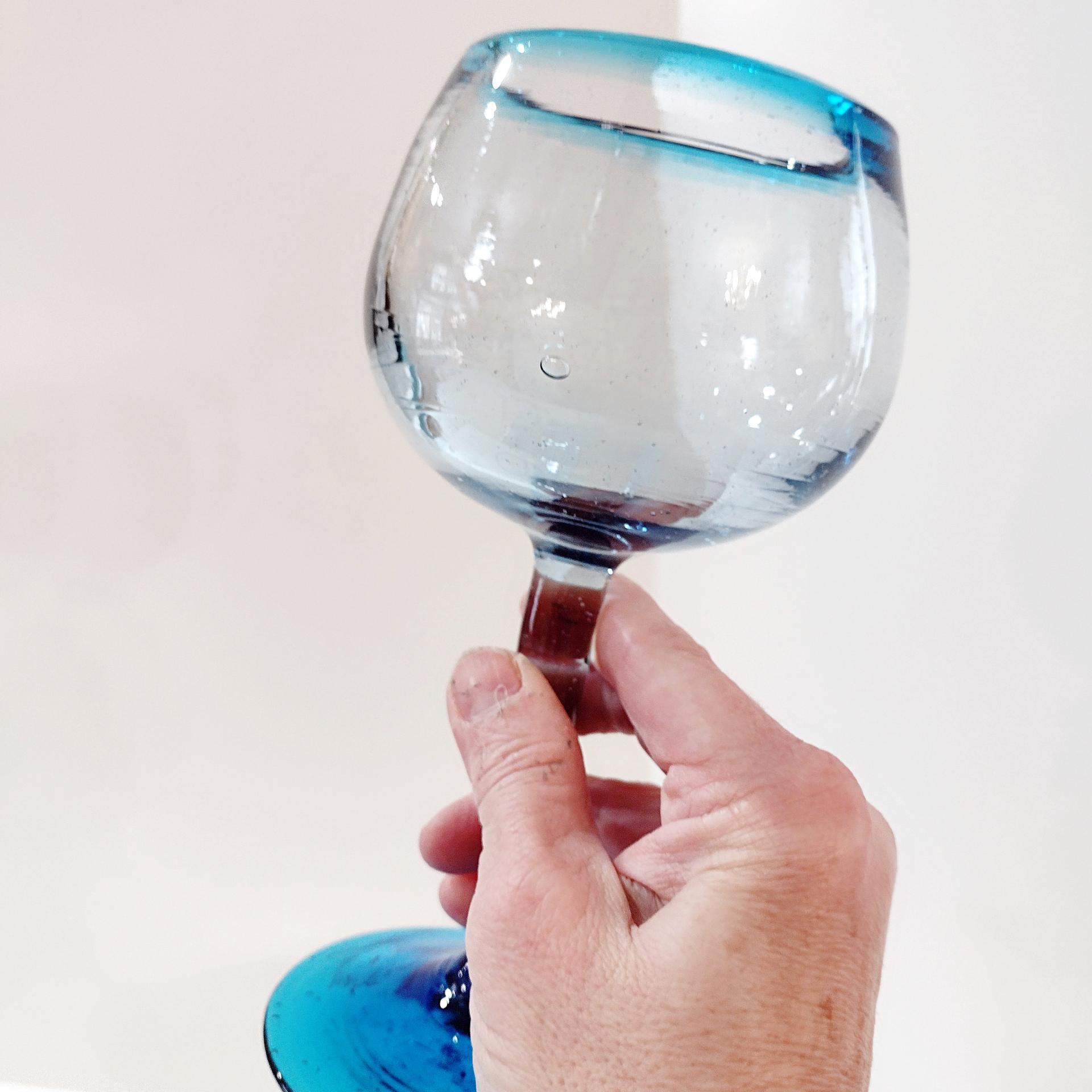 Vintage Mexican Hand Blown Glass Goblets, Set of Four, Aqua Turquoise Blue Large Wine / Margarita Glasses