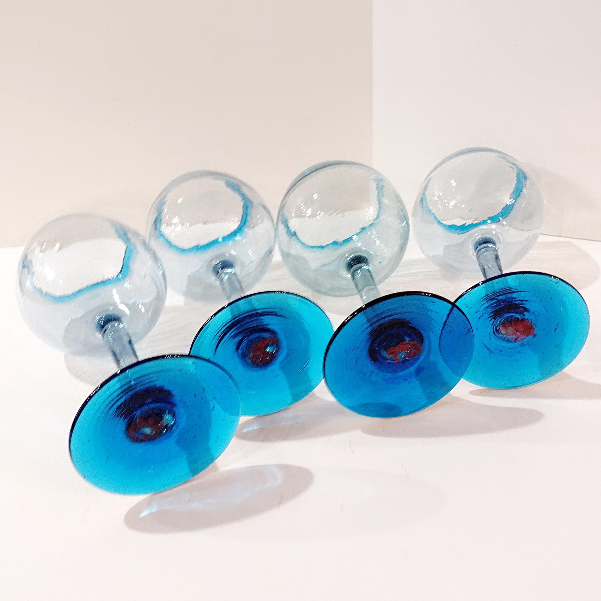 Vintage Mexican Hand Blown Glass Goblets, Set of Four, Aqua Turquoise Blue Large Wine / Margarita Glasses