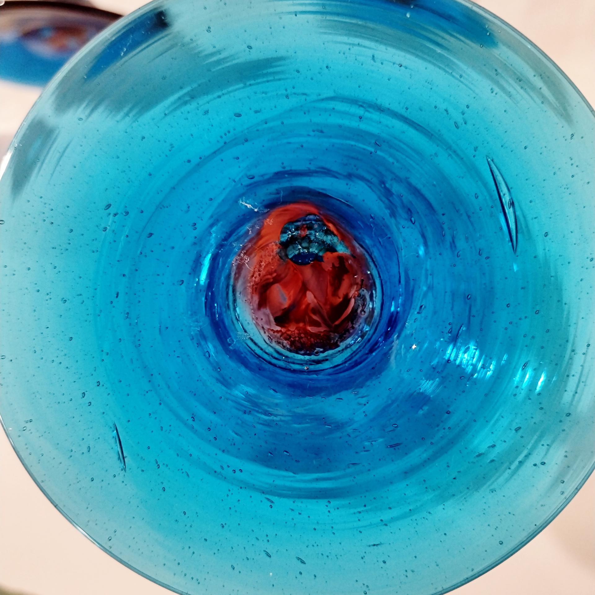 Vintage Mexican Hand Blown Glass Goblets, Set of Four, Aqua Turquoise Blue Large Wine / Margarita Glasses
