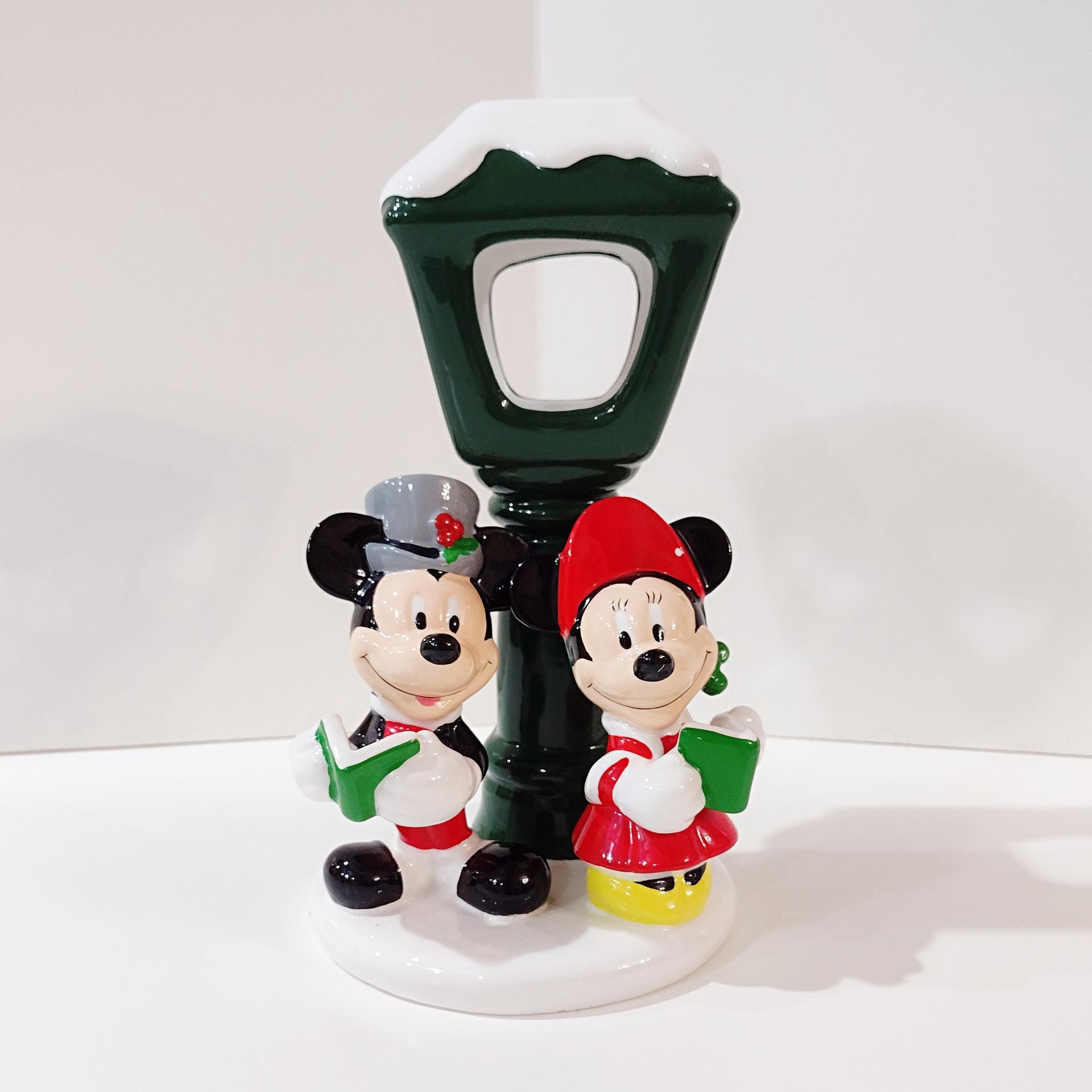 Vintage Mickey and Mini Mouse Caroling Lamp Post Tea Light Holder, Disney Teleflora Ceramic Christmas Candle Holder