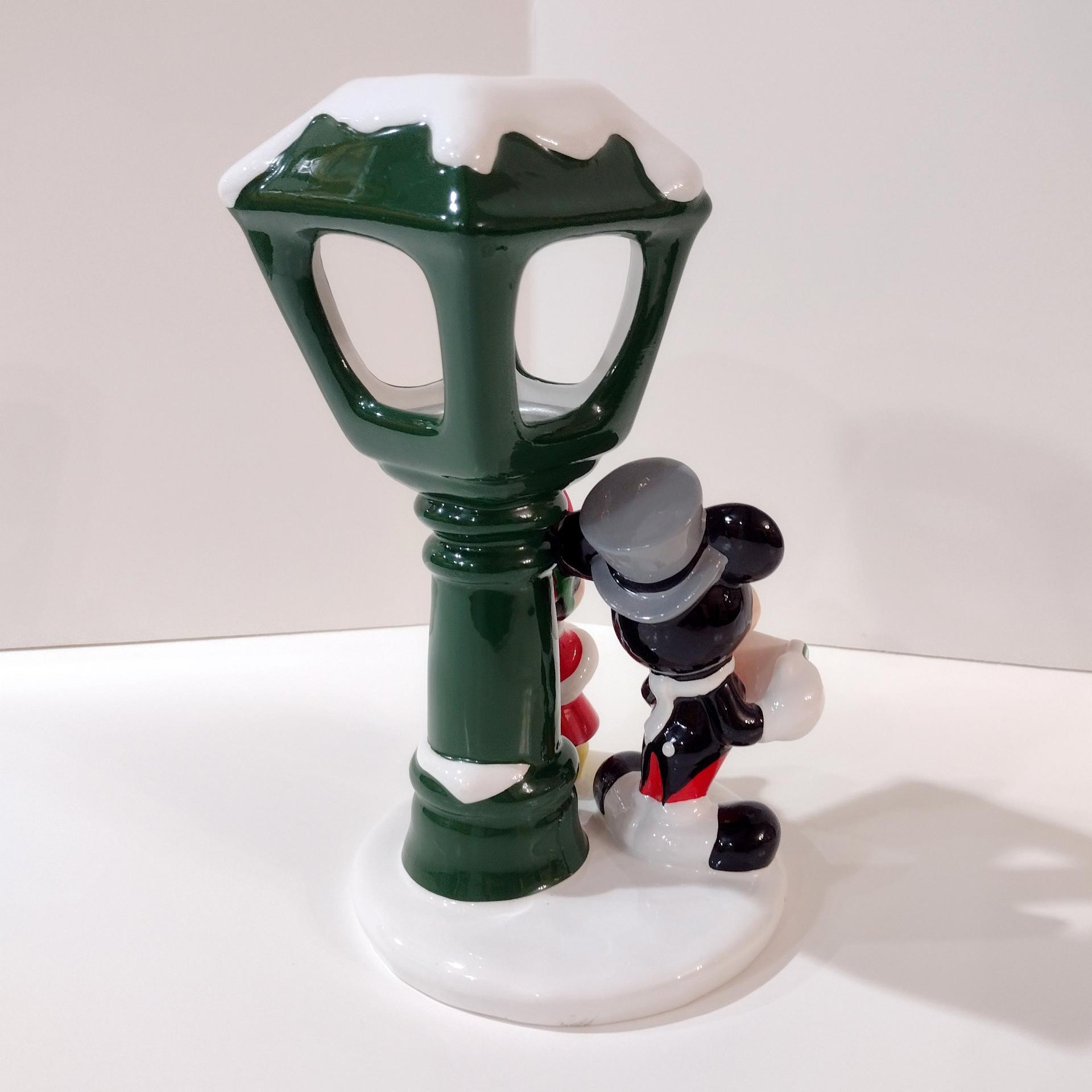 Vintage Mickey and Mini Mouse Caroling Lamp Post Tea Light Holder, Disney Teleflora Ceramic Christmas Candle Holder