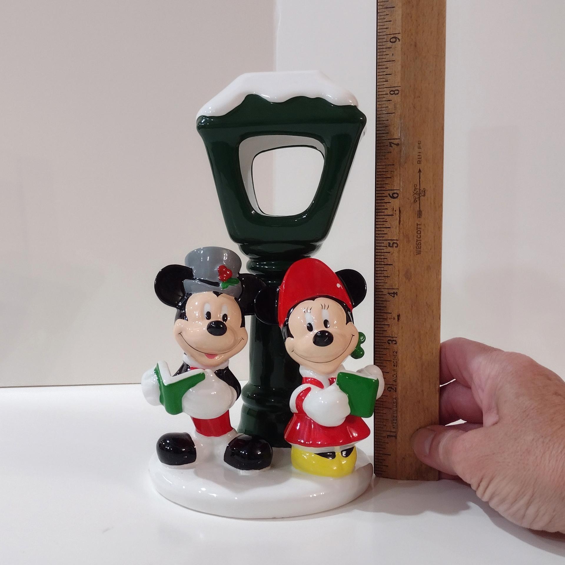 Vintage Mickey and Mini Mouse Caroling Lamp Post Tea Light Holder, Disney Teleflora Ceramic Christmas Candle Holder