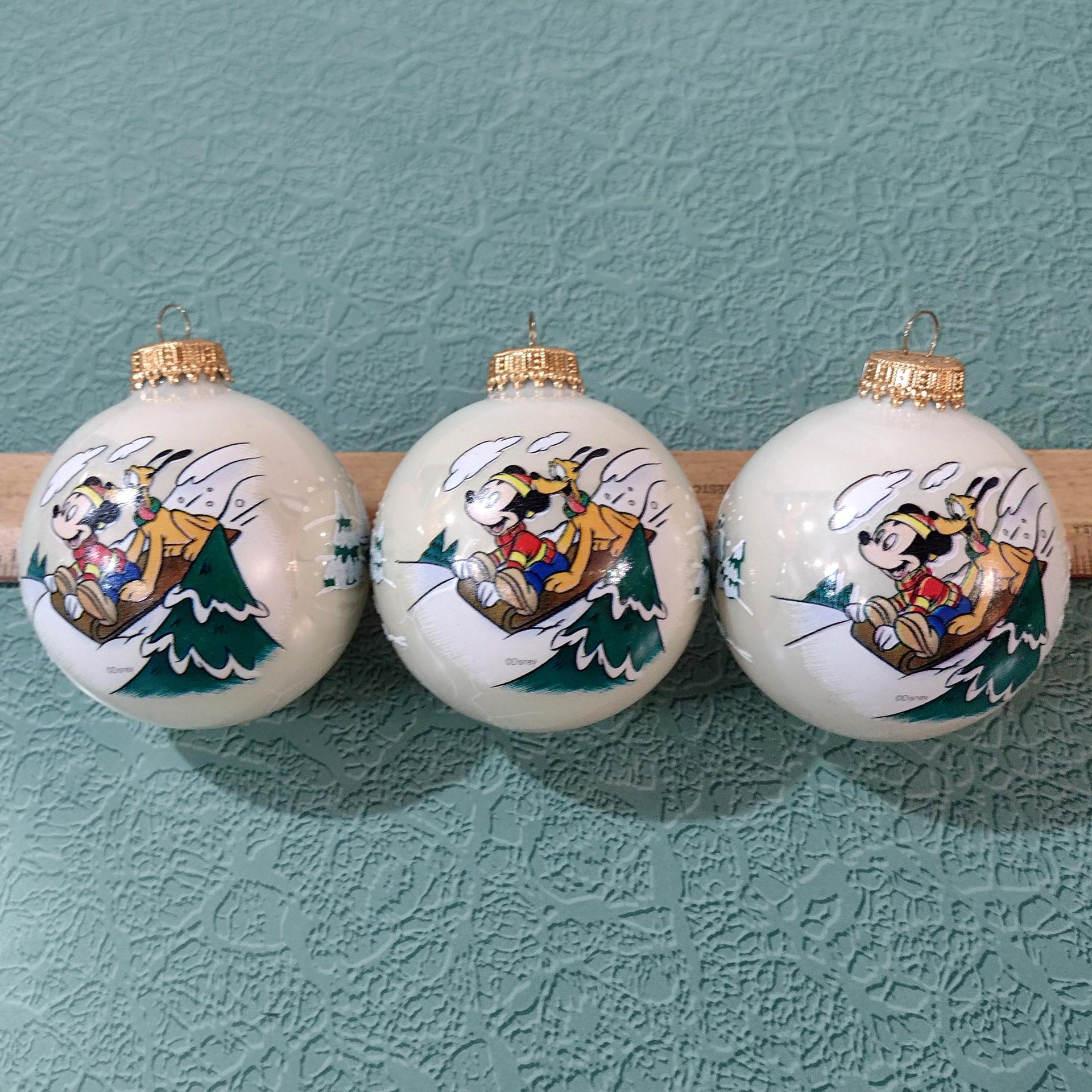 Vintage Mickey Unlimited Disney Christmas Ornaments, Mickey Mouse and Pluto Sledding Glass Christmas Tree Balls Ornaments, Set of 3