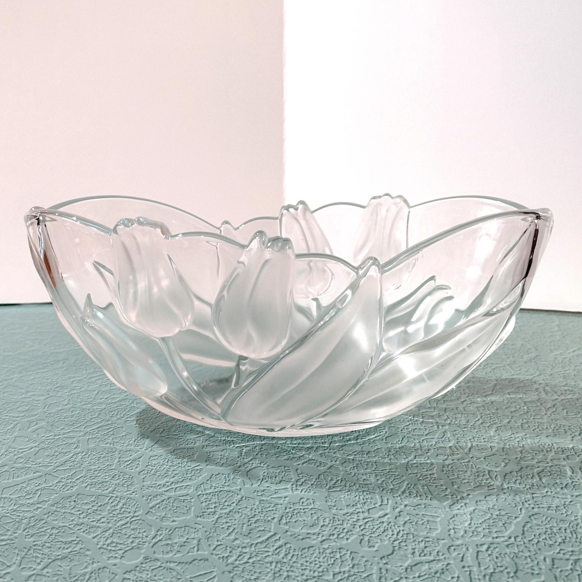 Vintage Mikasa Tulips Satin Oval Decorative Glass Bowl, Frosted Floral Centerpiece Fruit Bowl