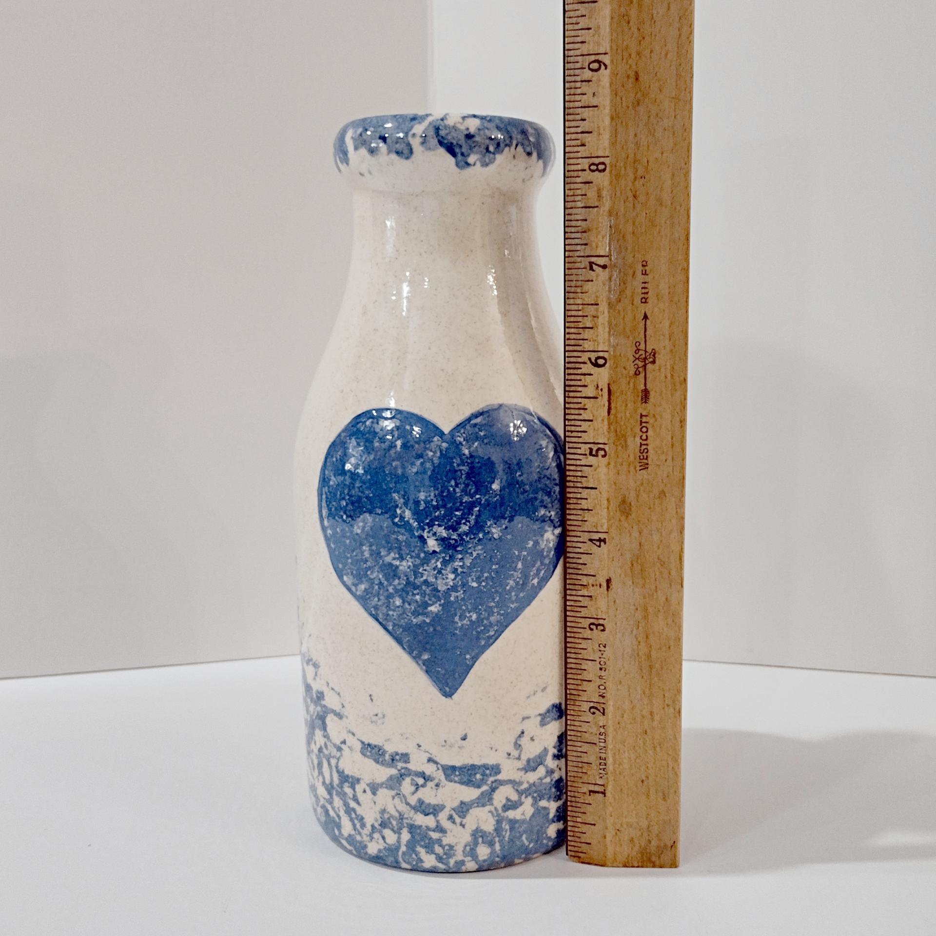 Vintage Blue Spongeware Heart Ceramic Milk Bottle Vase