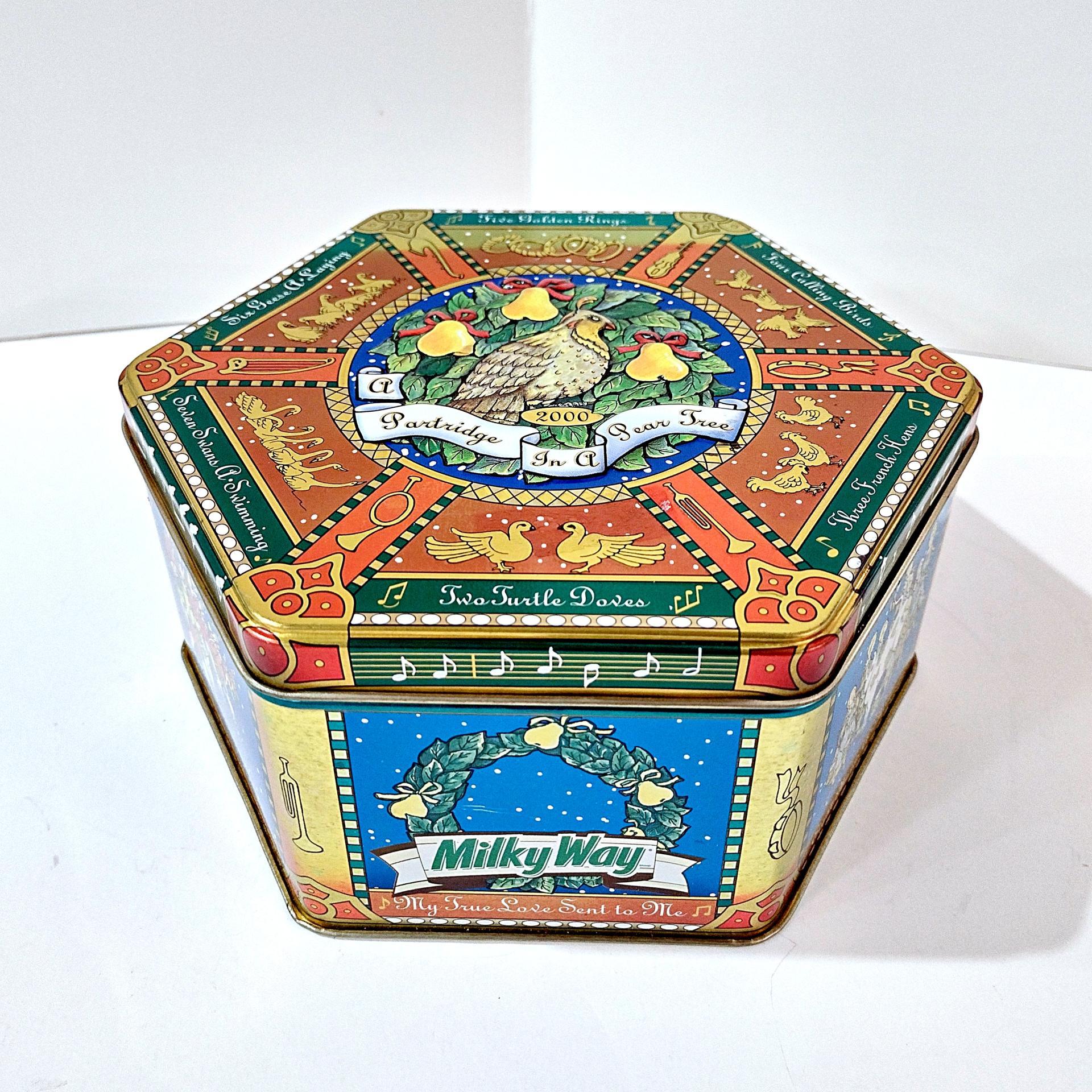 Vintage Milky Way 2000 Limited Edition Partridge in a Pear Tree Hexagonal Tin Storage Container, Holiday Christmas Cookie Tin