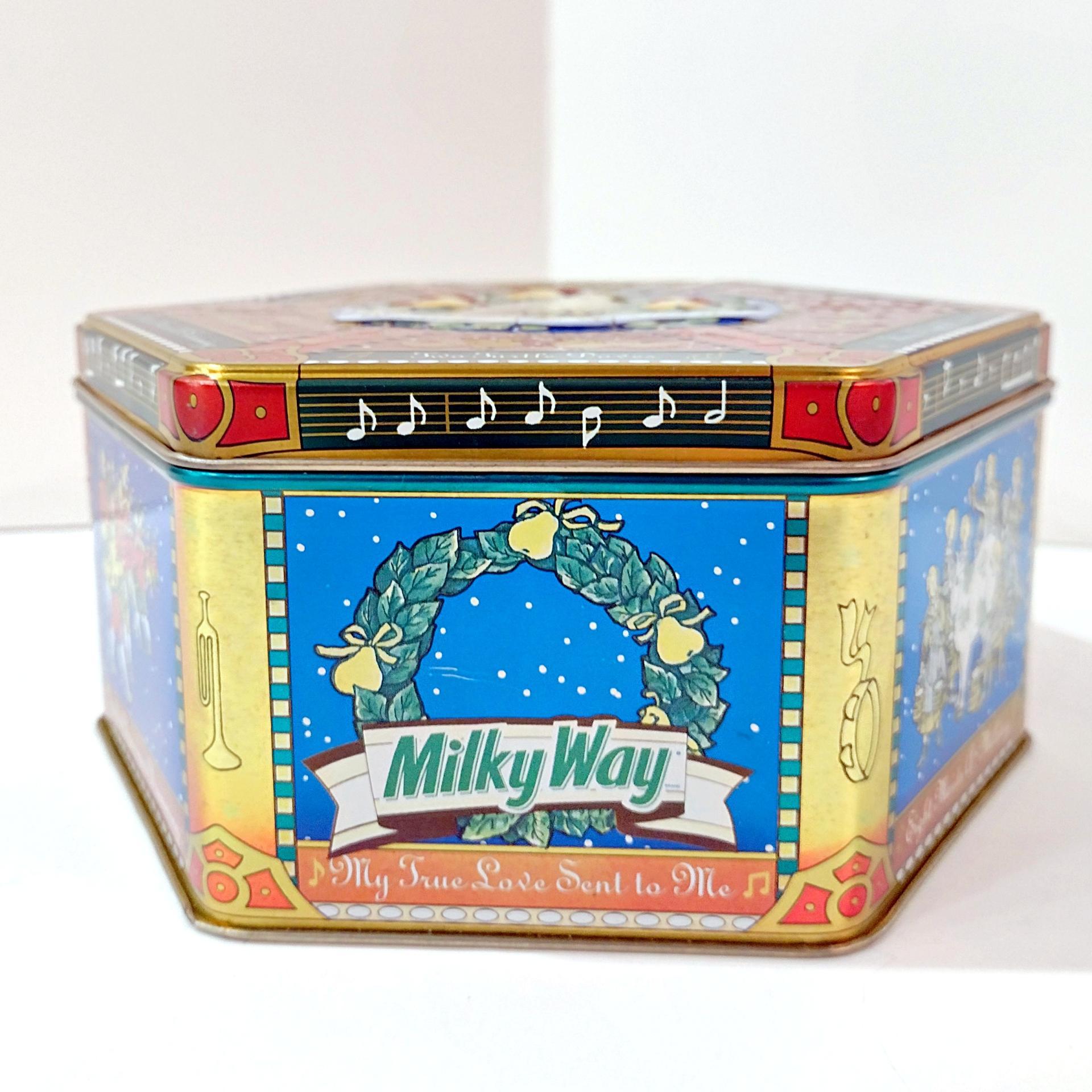 Vintage Milky Way 2000 Limited Edition Partridge in a Pear Tree Hexagonal Tin Storage Container, Holiday Christmas Cookie Tin