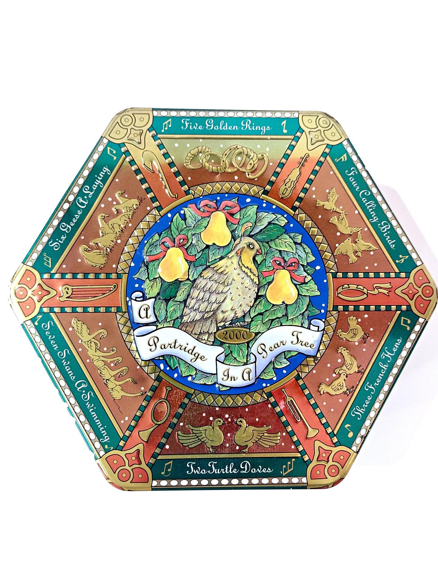 Vintage Milky Way 2000 Limited Edition Partridge in a Pear Tree Hexagonal Tin Storage Container, Holiday Christmas Cookie Tin