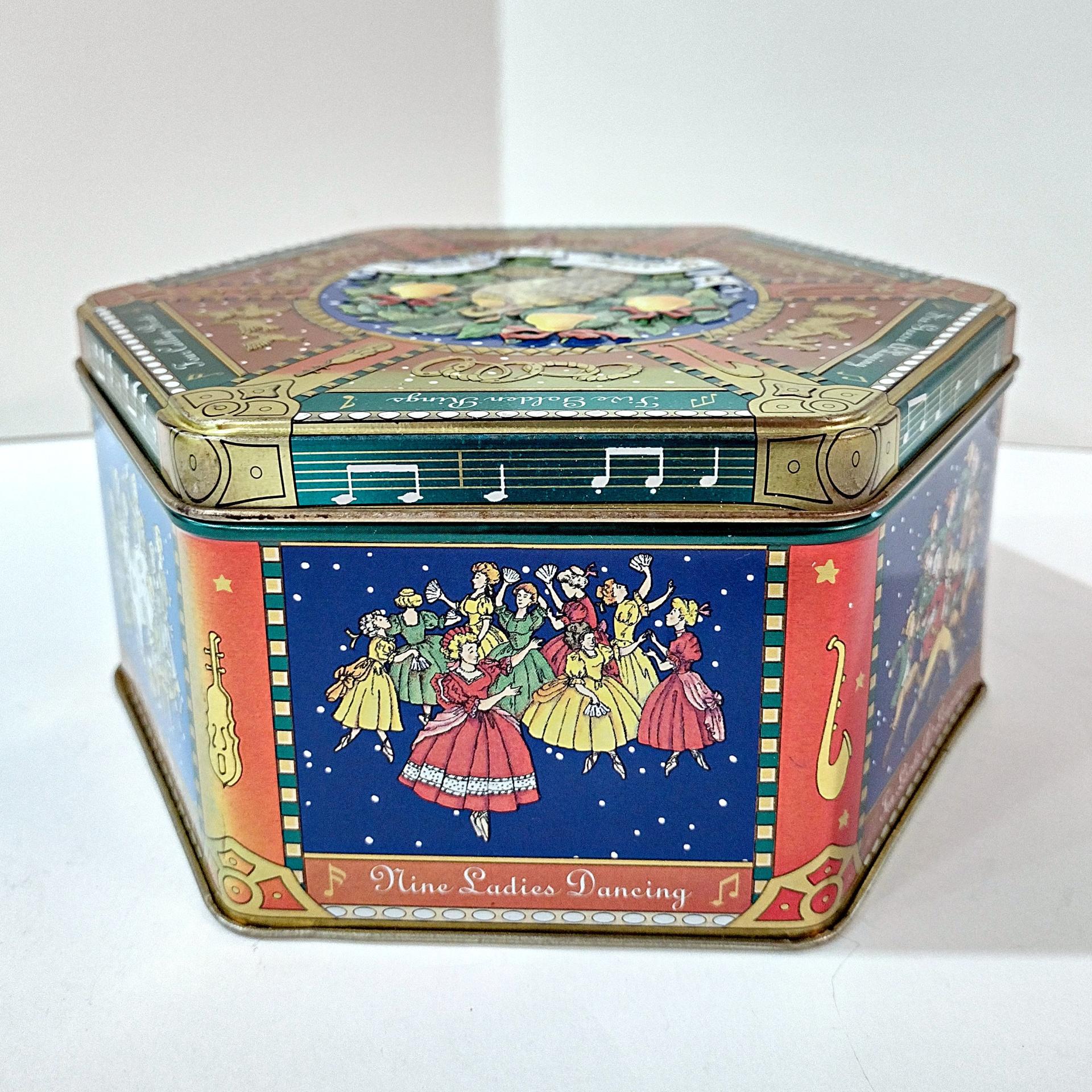 Vintage Milky Way 2000 Limited Edition Partridge in a Pear Tree Hexagonal Tin Storage Container, Holiday Christmas Cookie Tin