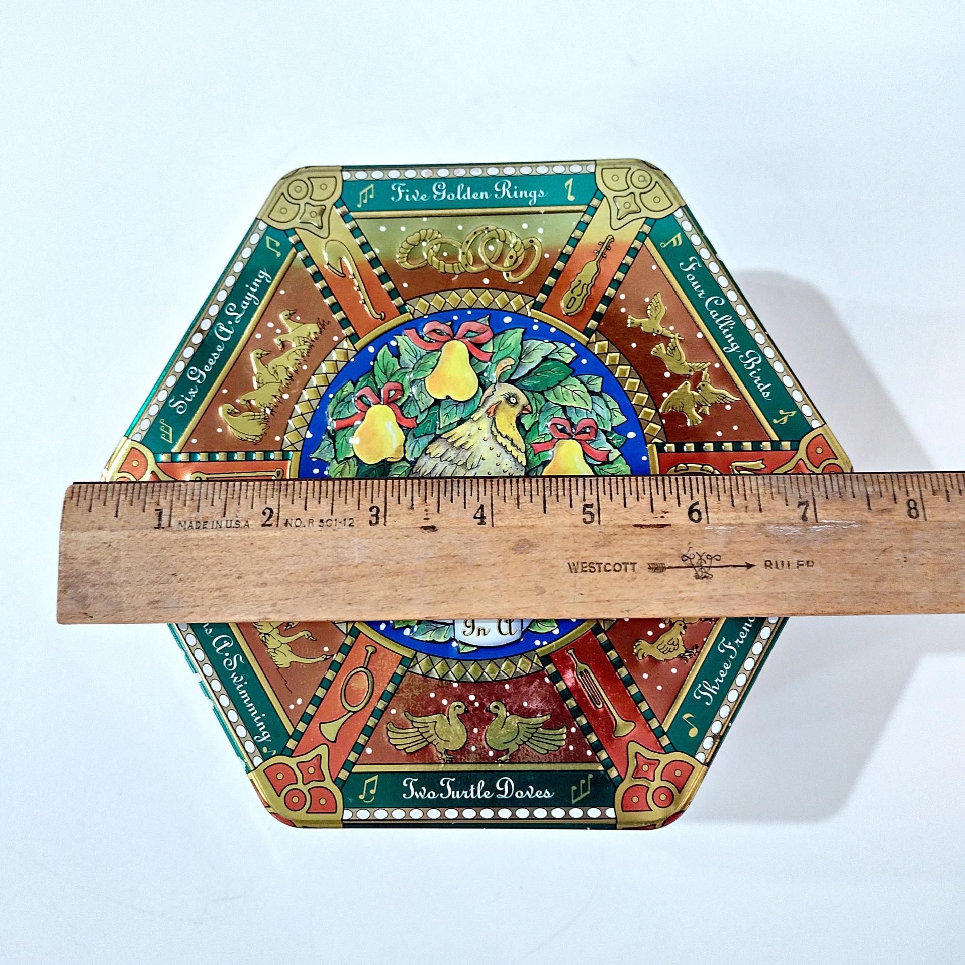 Vintage Milky Way 2000 Limited Edition Partridge in a Pear Tree Hexagonal Tin Storage Container, Holiday Christmas Cookie Tin