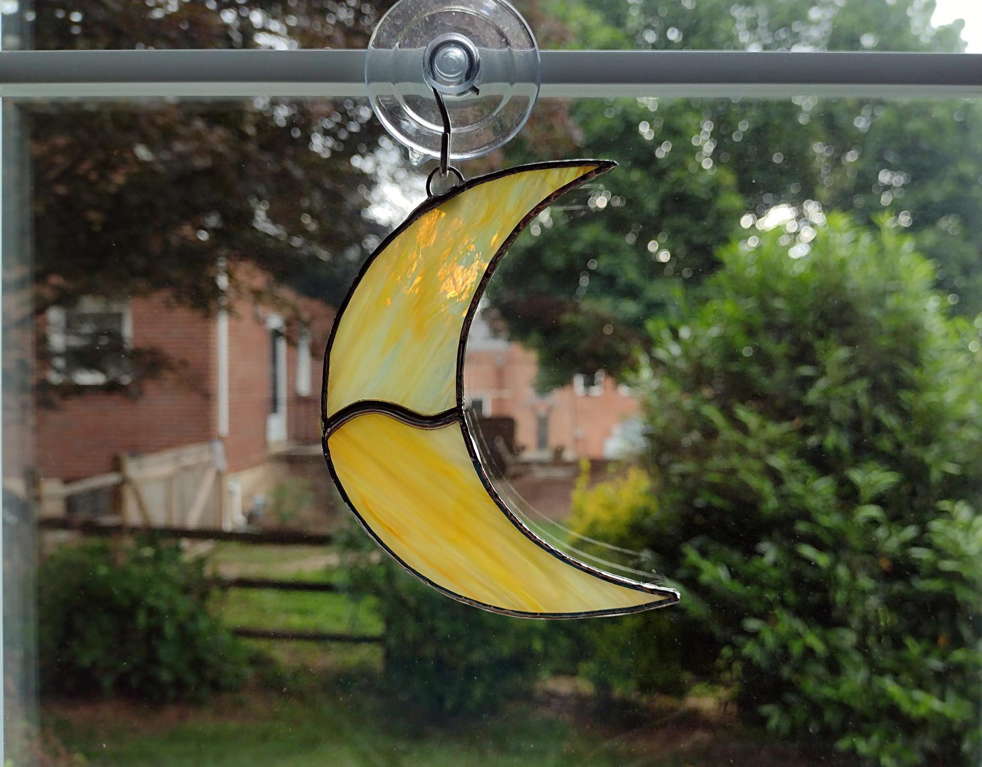 Crescent Moon Stained Glass Suncatcher, Yellow Swirled Corsica Glass