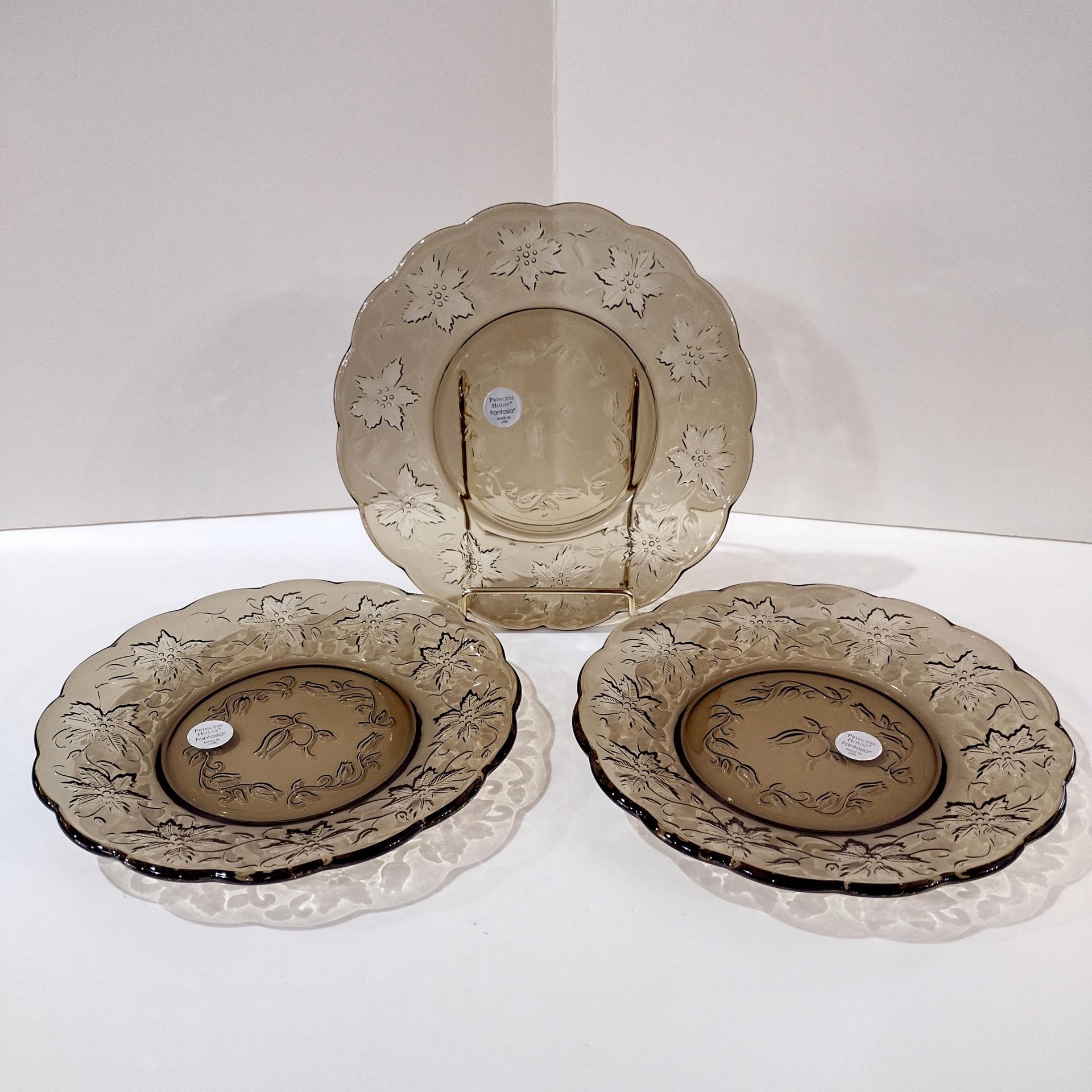 Vintage NEW Princess House Fantasia Mocha Plates, Amber Brown Floral Glass Salad Dessert Luncheon Plates, Set of Three