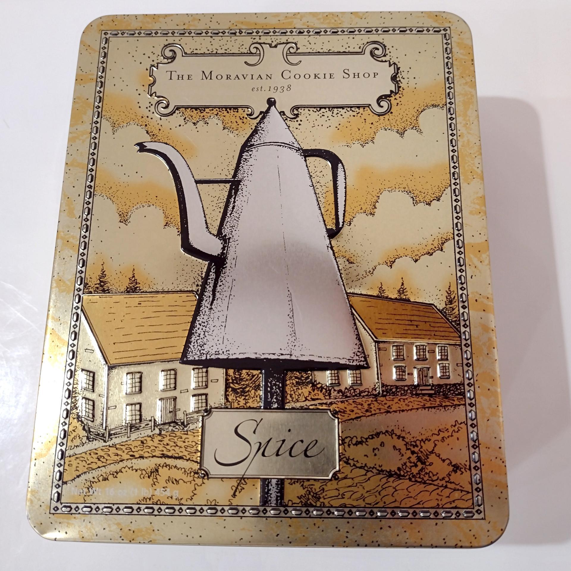 Vintage Famous Moravian Cookie Company Spice Cookie Tin, Wilkerson Bakery Old Winston Salem North Carolina Mickey Coffee Pot Tin Container