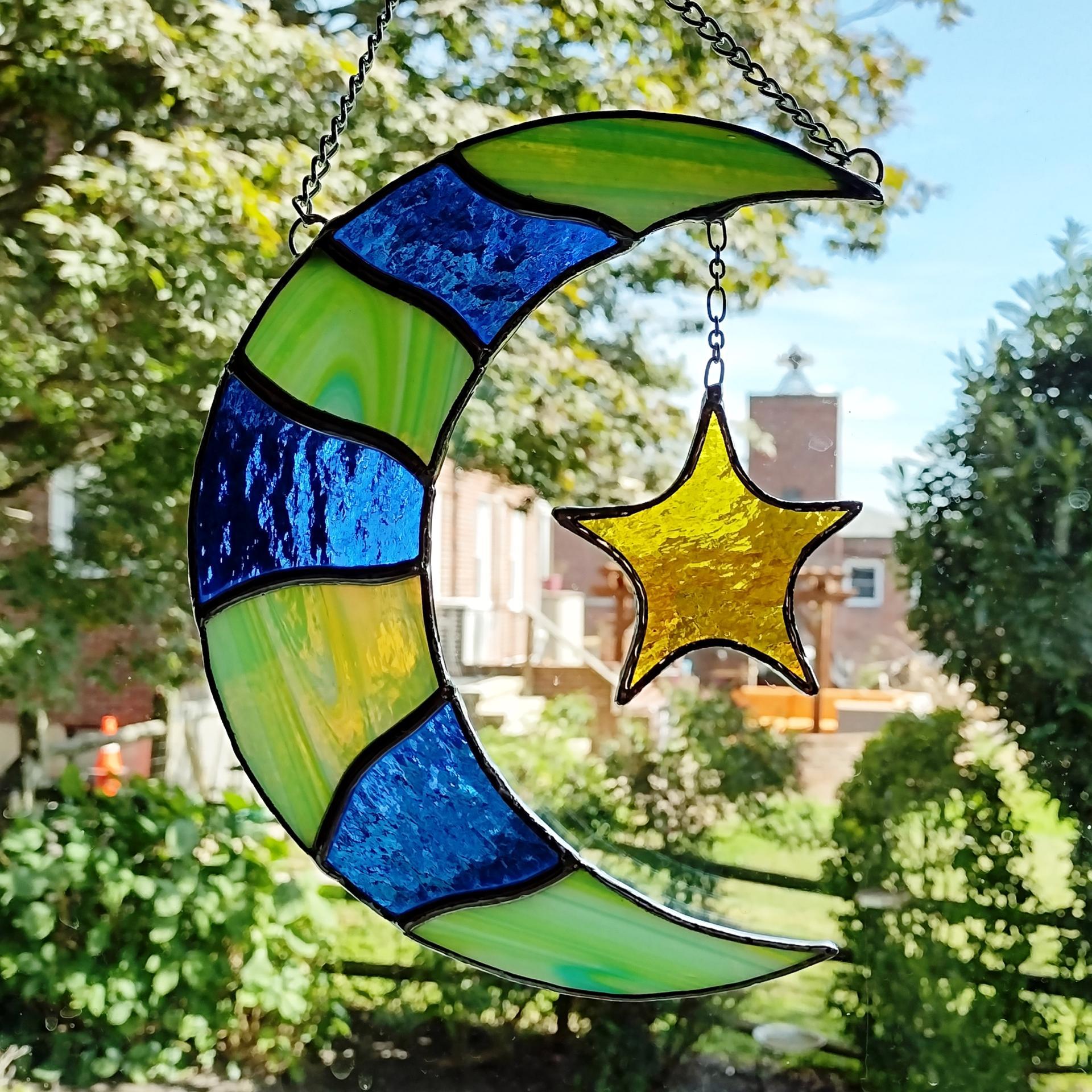 Moon and Star Stained Glass Suncatcher, Celestial Decor, Stained Glass Moon, Housewarming Gift