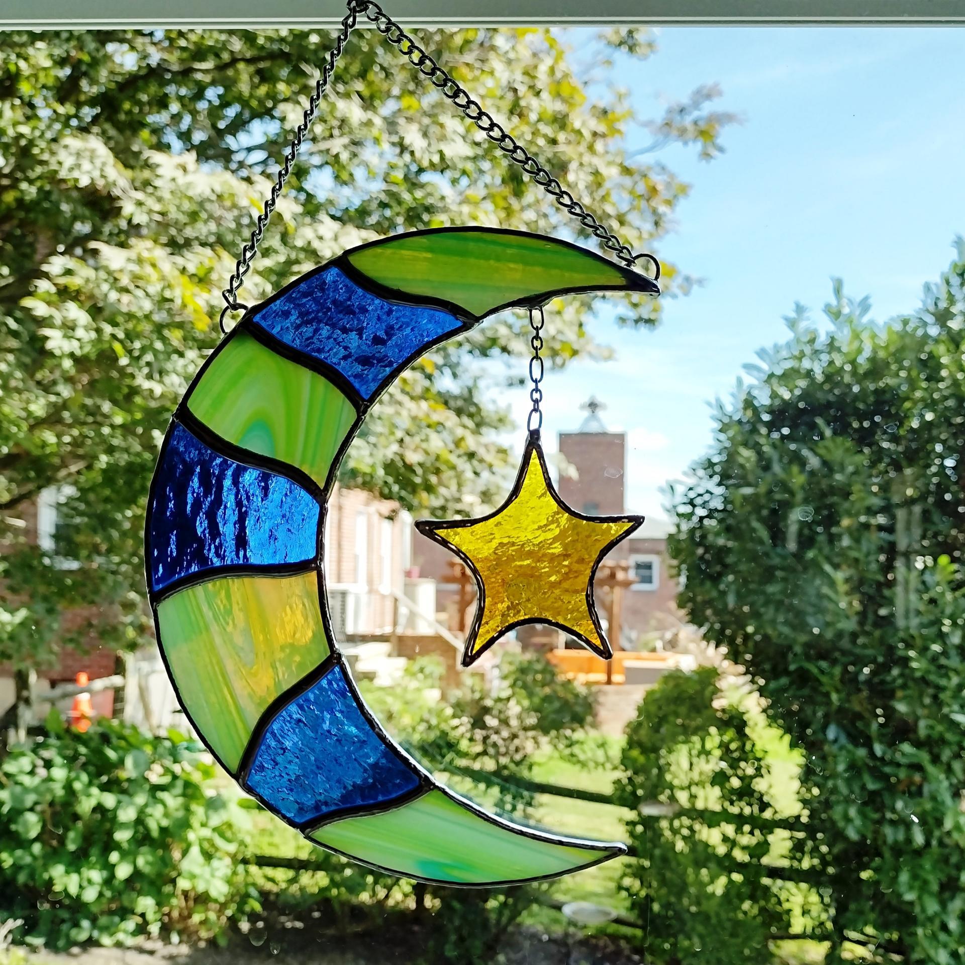 Moon and Star Stained Glass Suncatcher, Celestial Decor, Stained Glass Moon, Housewarming Gift