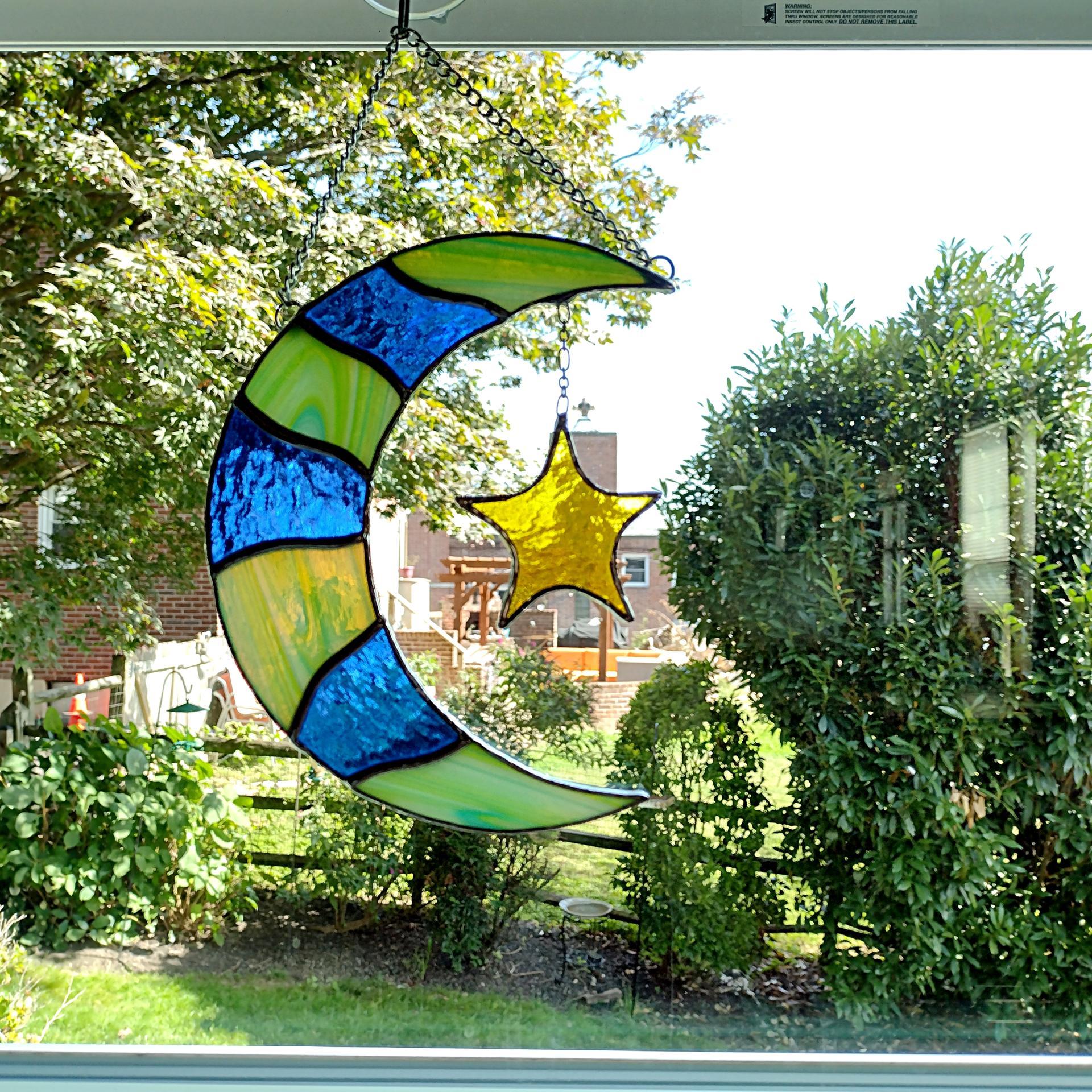 Moon and Star Stained Glass Suncatcher, Celestial Decor, Stained Glass Moon, Housewarming Gift