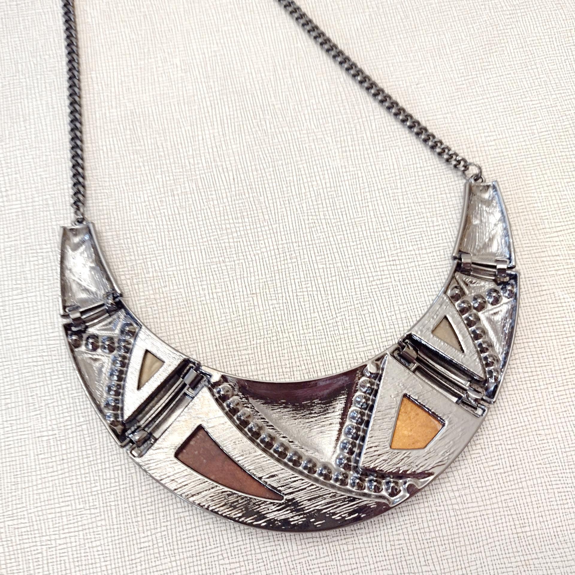 Vintage Enamel and Rhinestone Crescent Moon Metal Necklace, Brown and Amber Earth Tone Statement Necklace