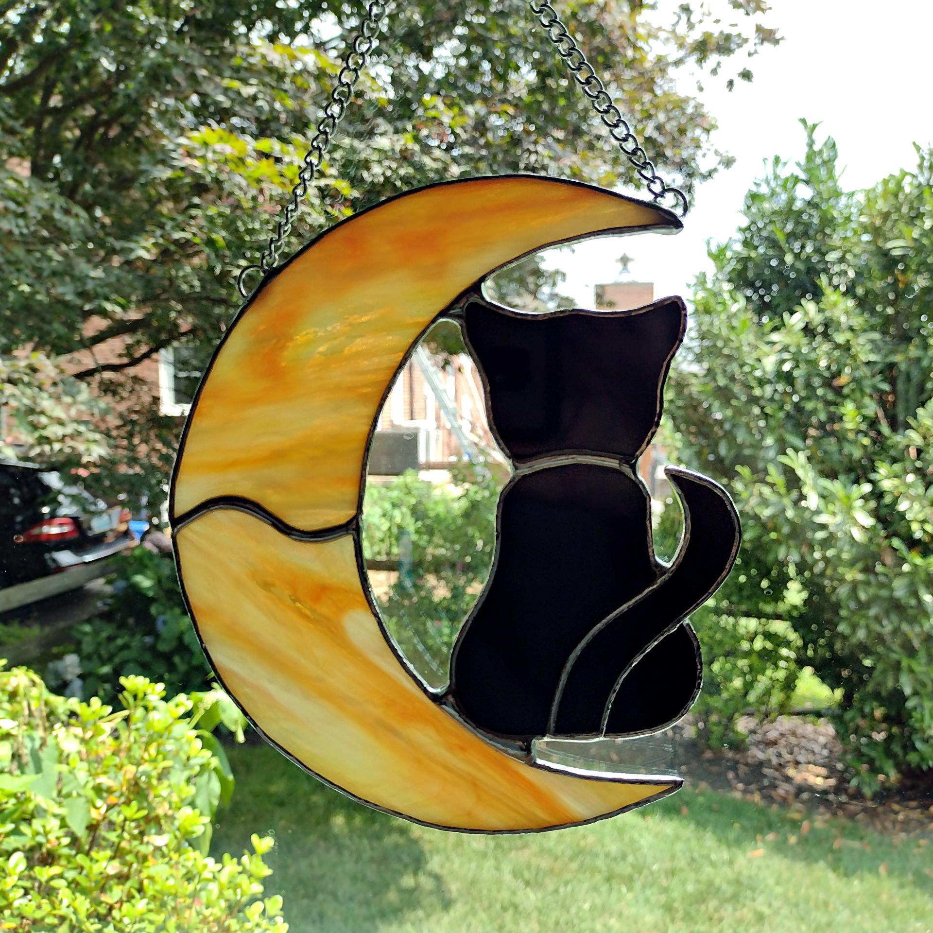 Stained Glass Orange Crescent Moon and Black Cat Suncatcher, Halloween Window Decoration